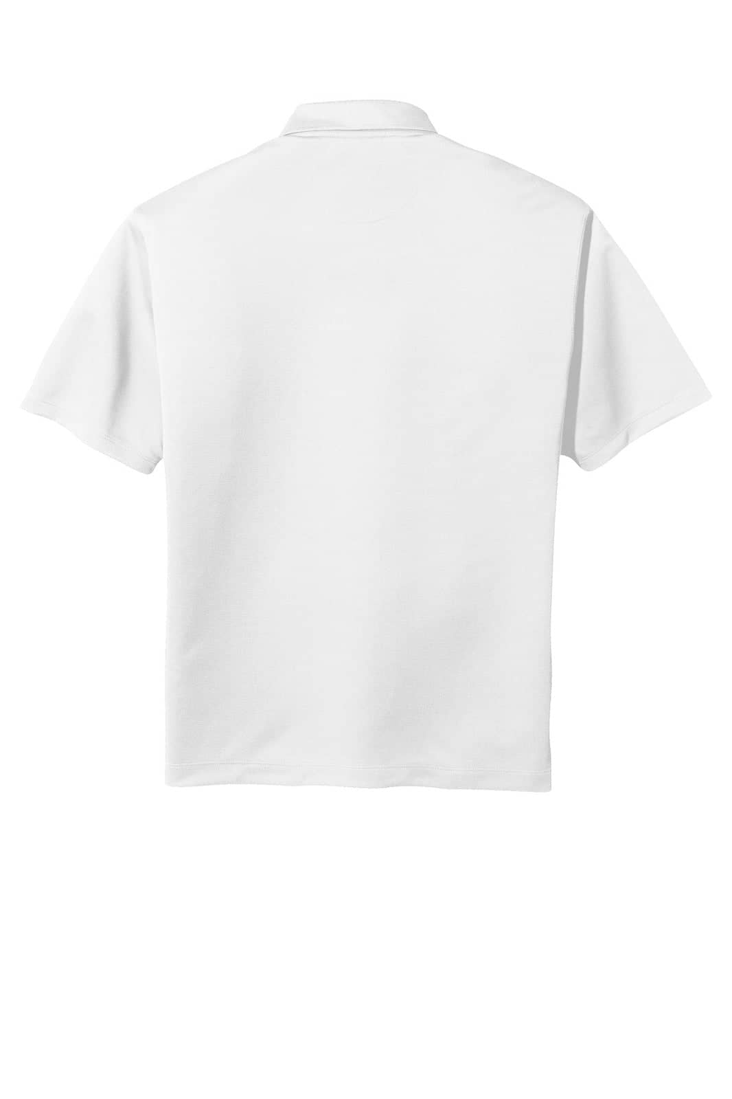A white polo shirt with a collar and short sleeves. It features a branding logo.