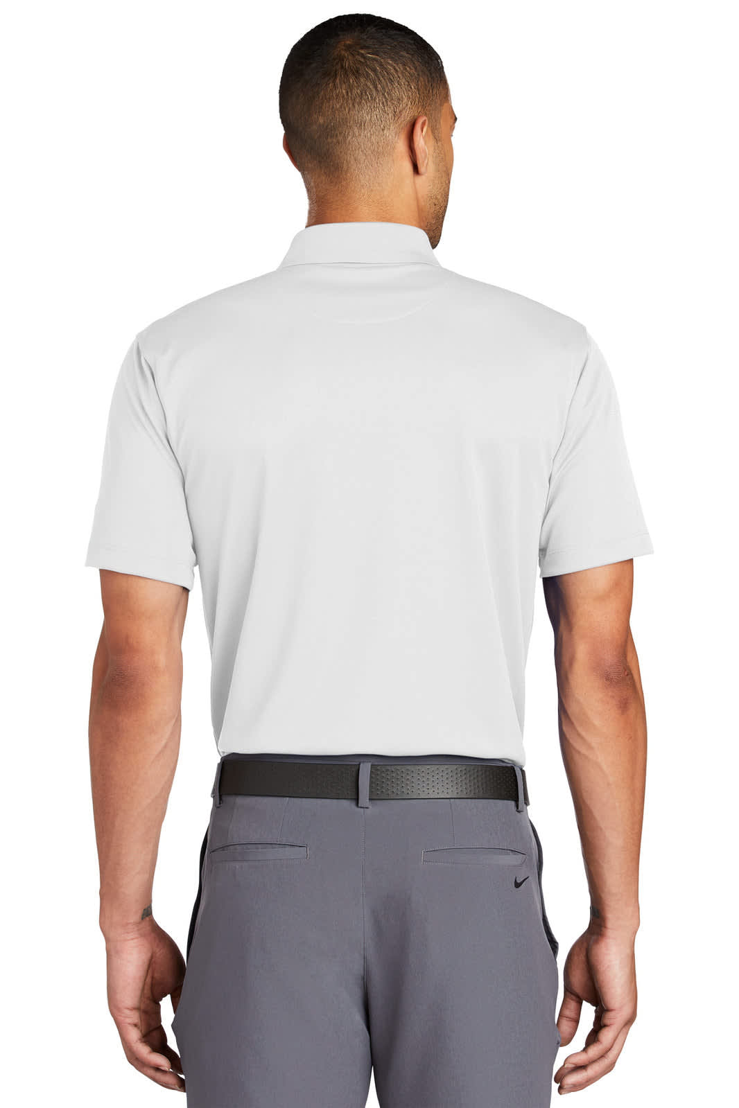A grey Nike Tech Basic Dri-FIT polo shirt featuring a back view and a logo on the collar.