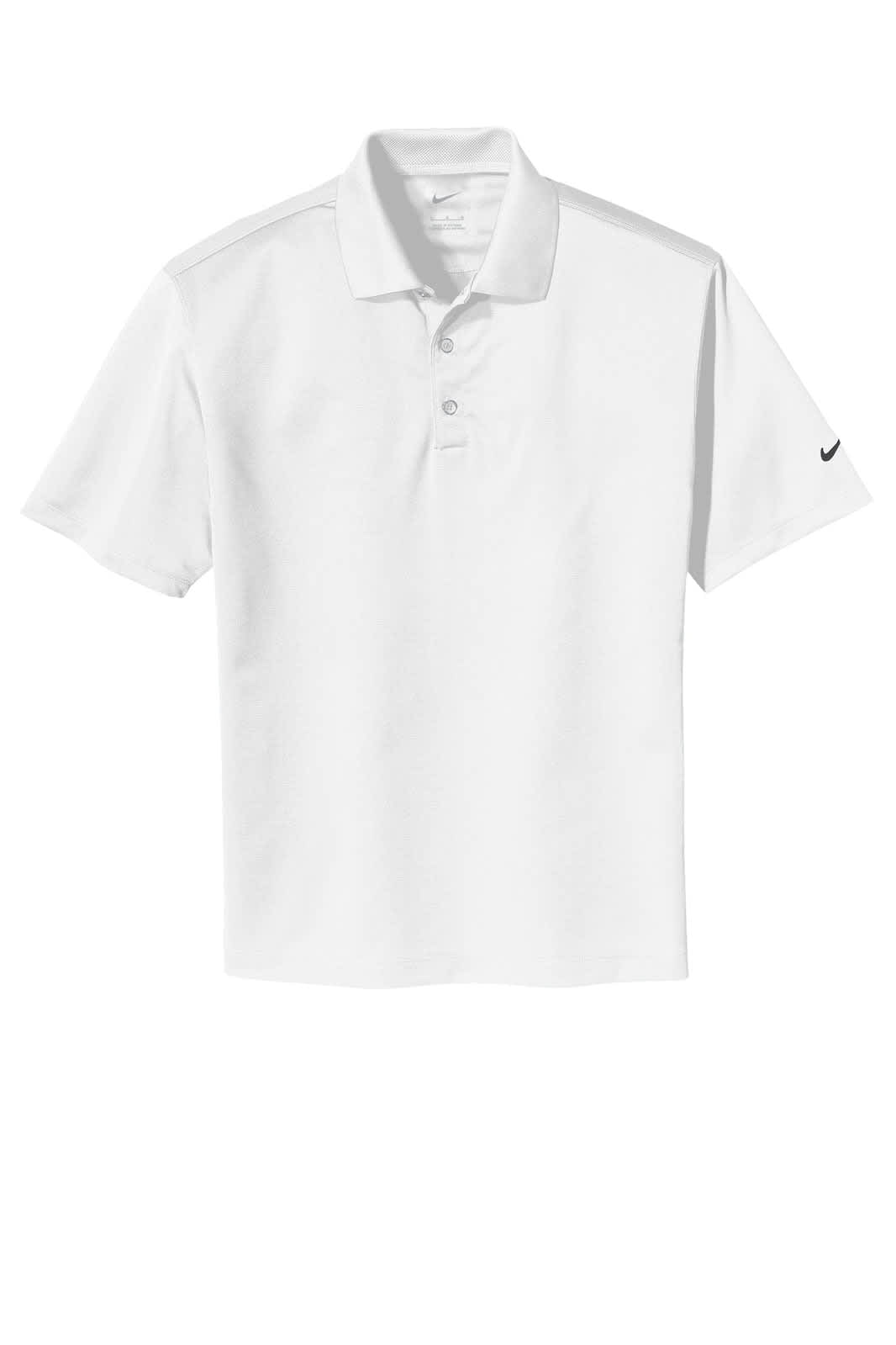A white Nike Dri-FIT polo shirt featuring a collar, buttons, and a logo on the sleeve.