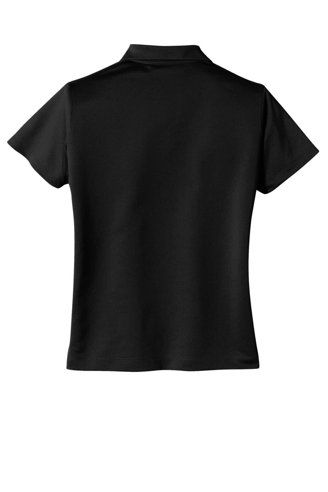 A black ladies' polo shirt with a collar and short sleeves, featuring a logo on the front.