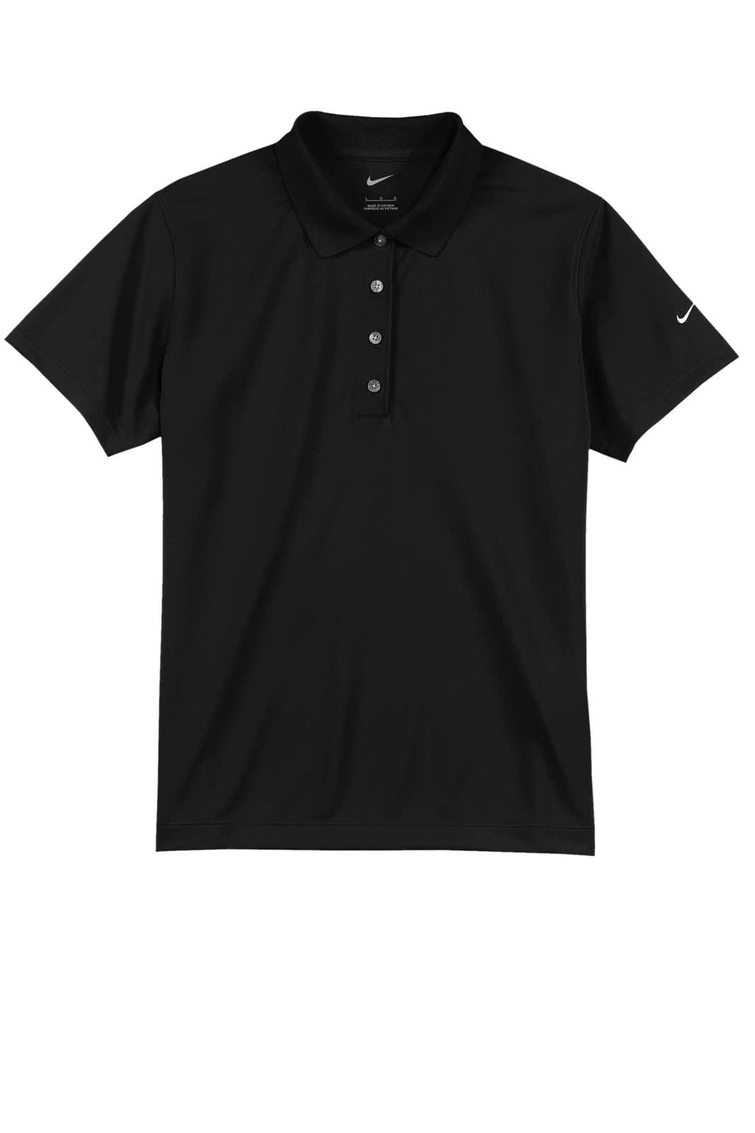 A black polo shirt featuring a collar, four buttons, and a logo on the sleeve.