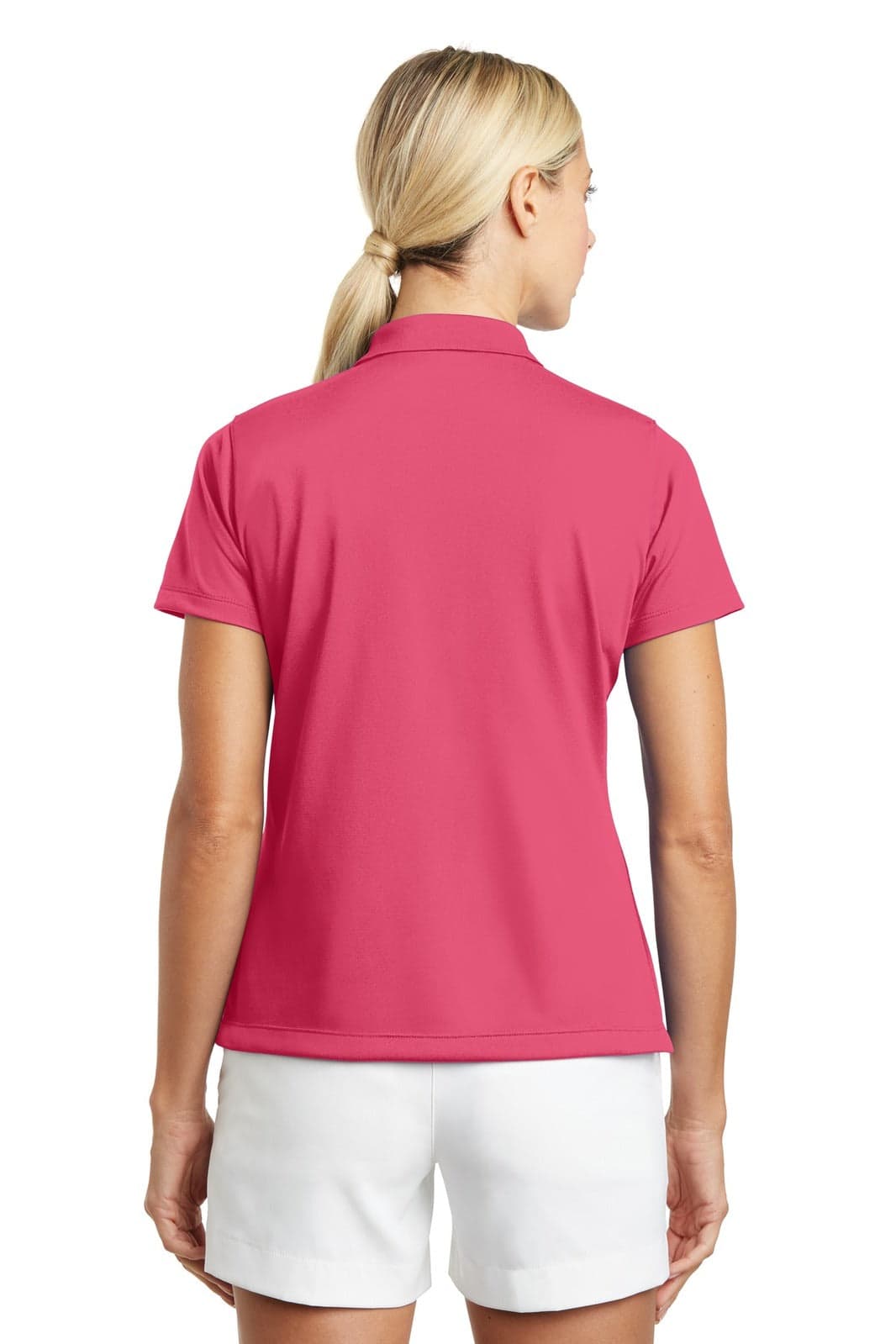 A pink polo shirt with a collar, featuring a logo, displayed from the back on a model wearing white shorts.