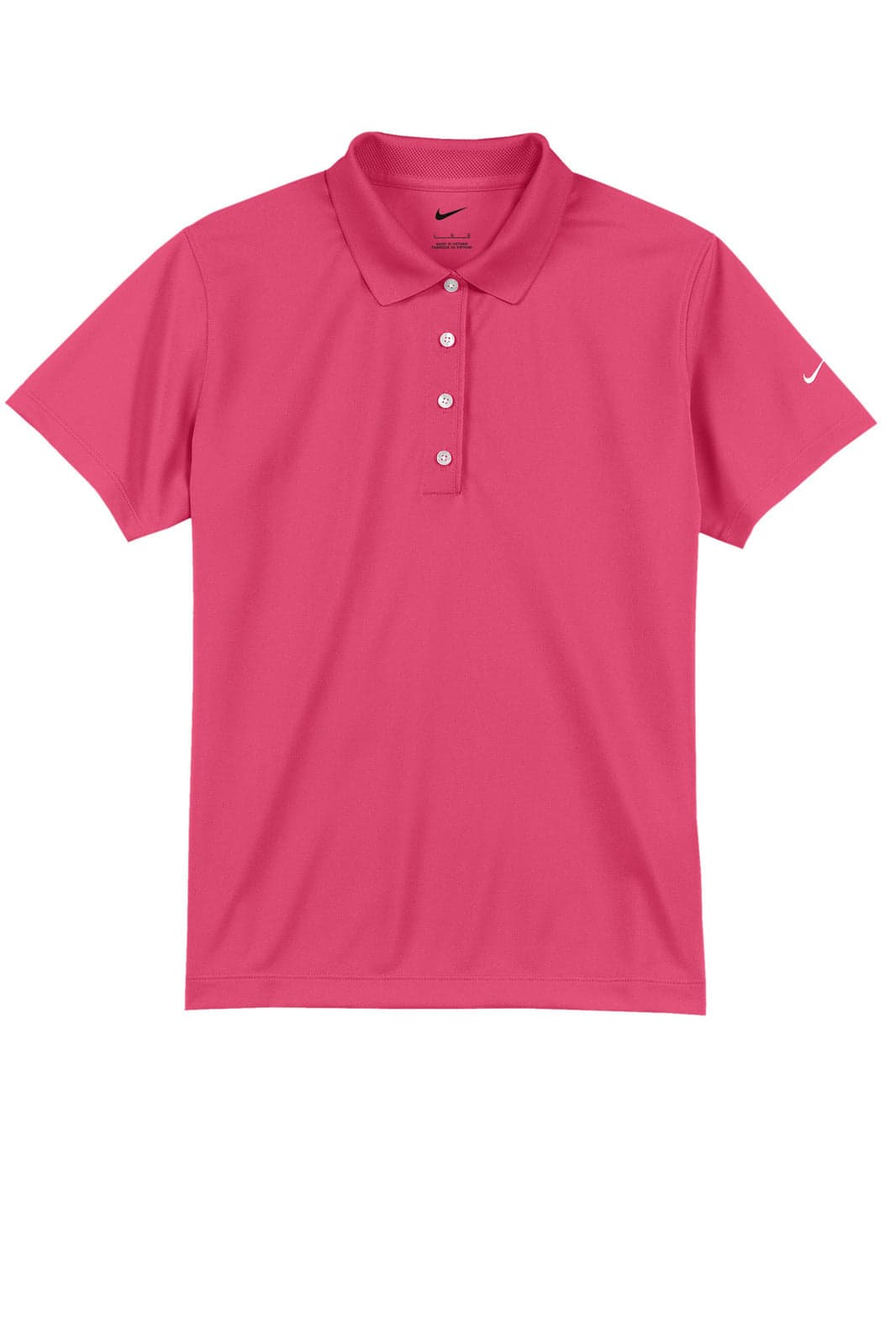 A pink Nike ladies' polo shirt featuring a collar and a logo on the sleeve.