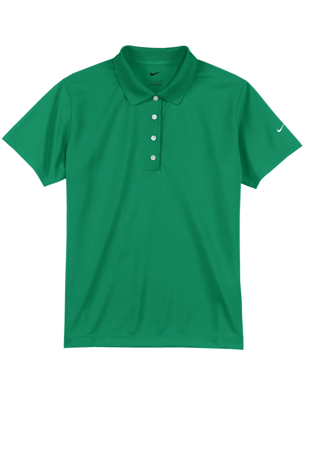A green polo shirt featuring a collar, button placket, and a logo on the sleeve.