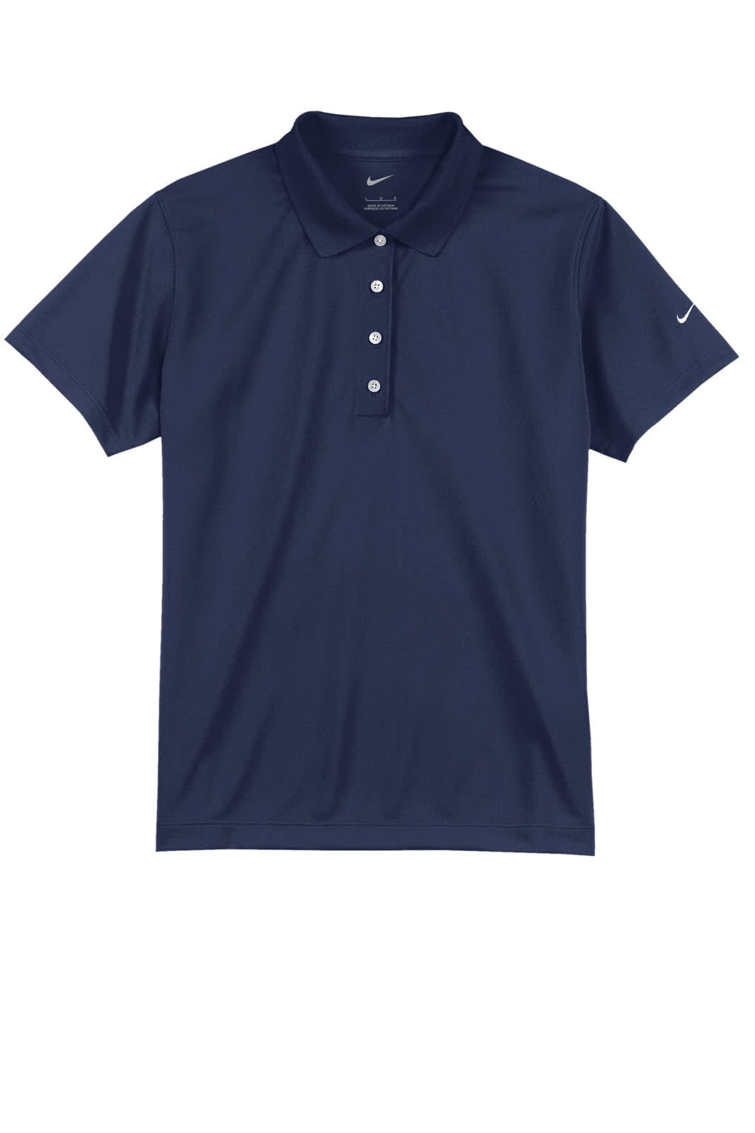 A navy polo shirt featuring a collar, buttoned placket, and a logo on the sleeve.