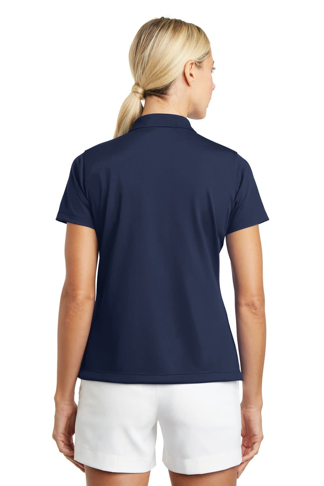 A navy blue ladies' polo shirt featuring short sleeves and a collar, with branding visible.