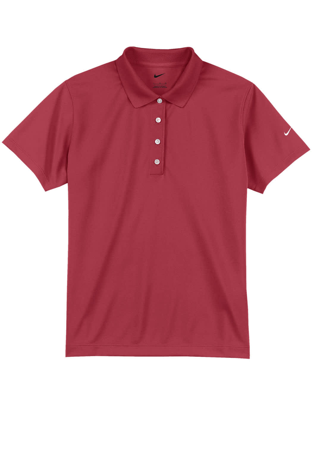A red polo shirt with a collar, featuring button closures and a logo on the sleeve.