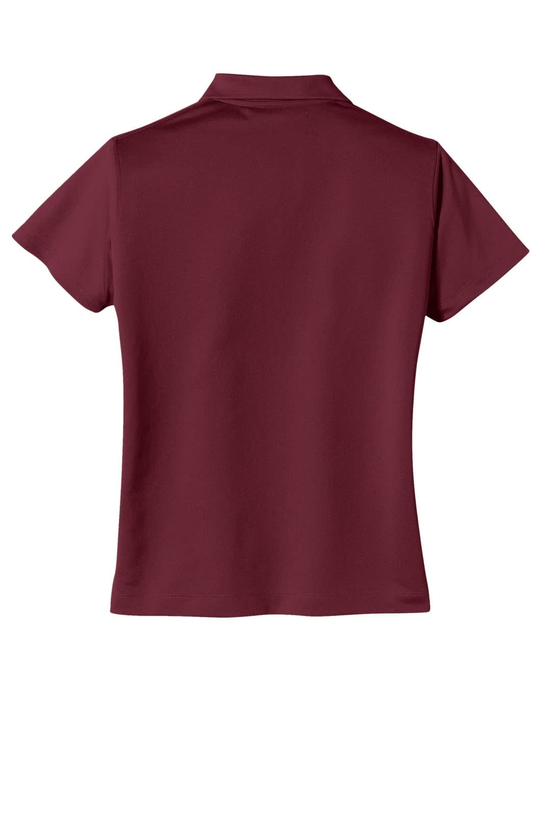 A burgundy polo shirt with short sleeves and a collared neckline, featuring a logo.