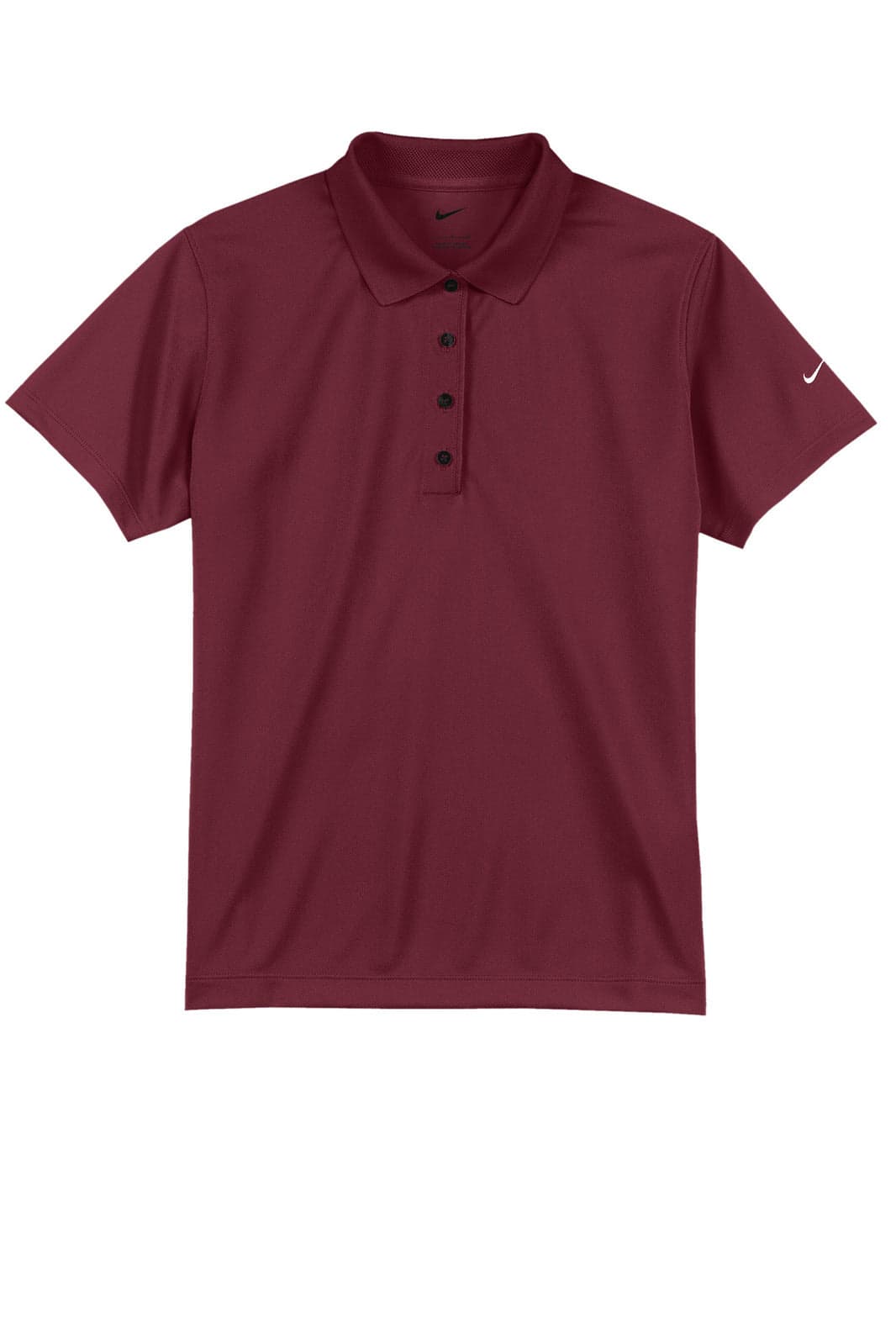 A maroon polo shirt features a collared neckline, three button placket, and a logo on the sleeve.