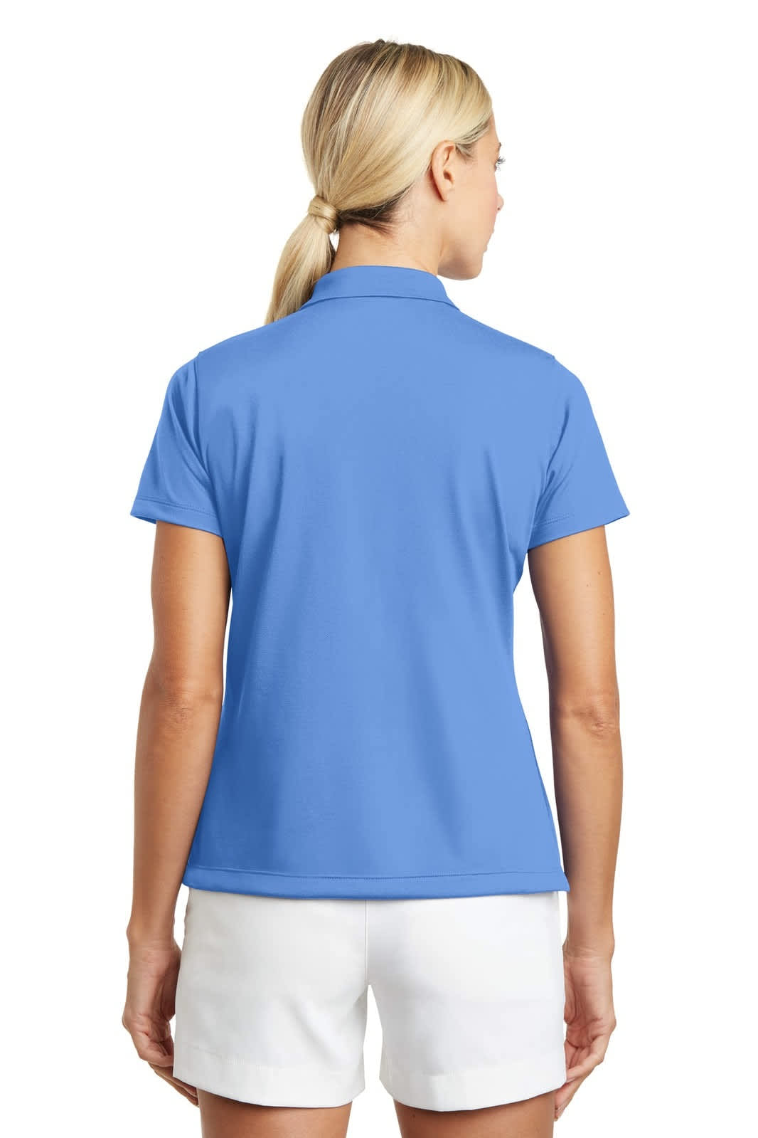 A blue Dri-FIT polo shirt with a collar and short sleeves, viewed from the back.