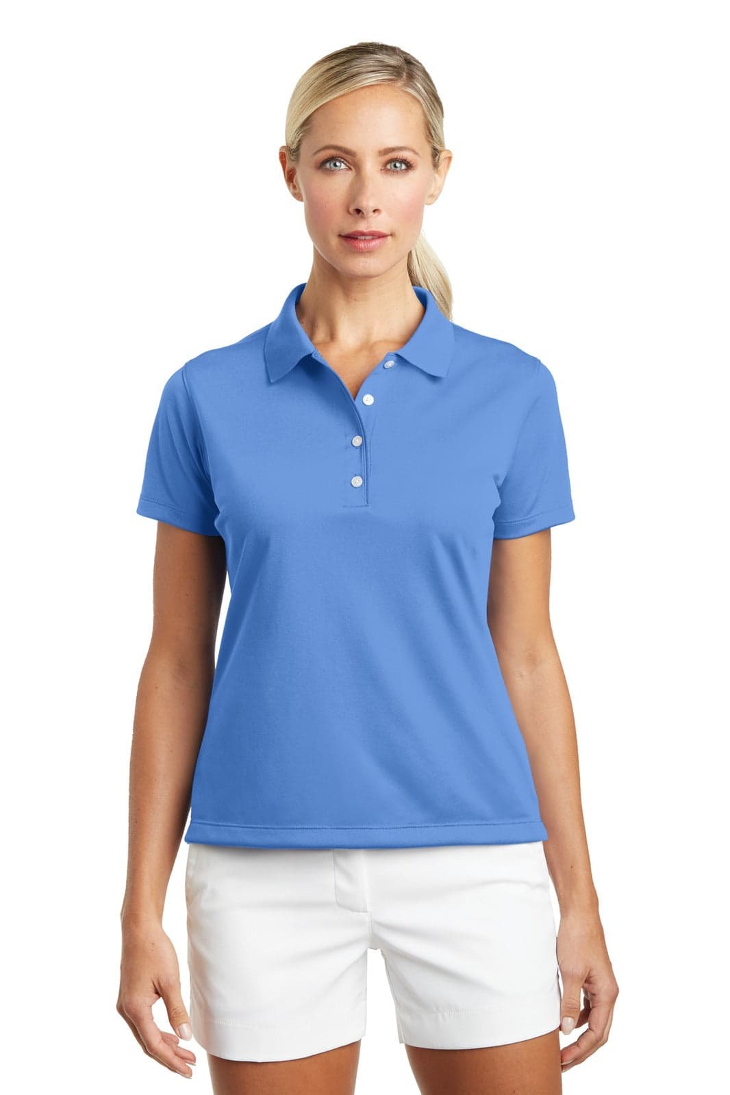 A women's short-sleeved polo shirt in blue, featuring a collar and buttons, with a white background.