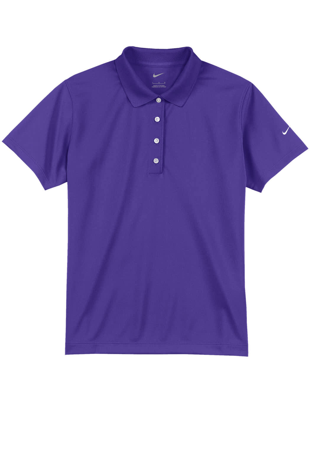 A purple Nike ladies' polo shirt with a collar and buttons, featuring a logo on one sleeve.