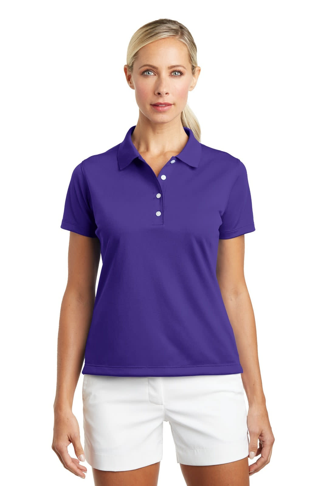 A purple women's polo shirt with a collar, short sleeves, and a button placket, featuring a logo.