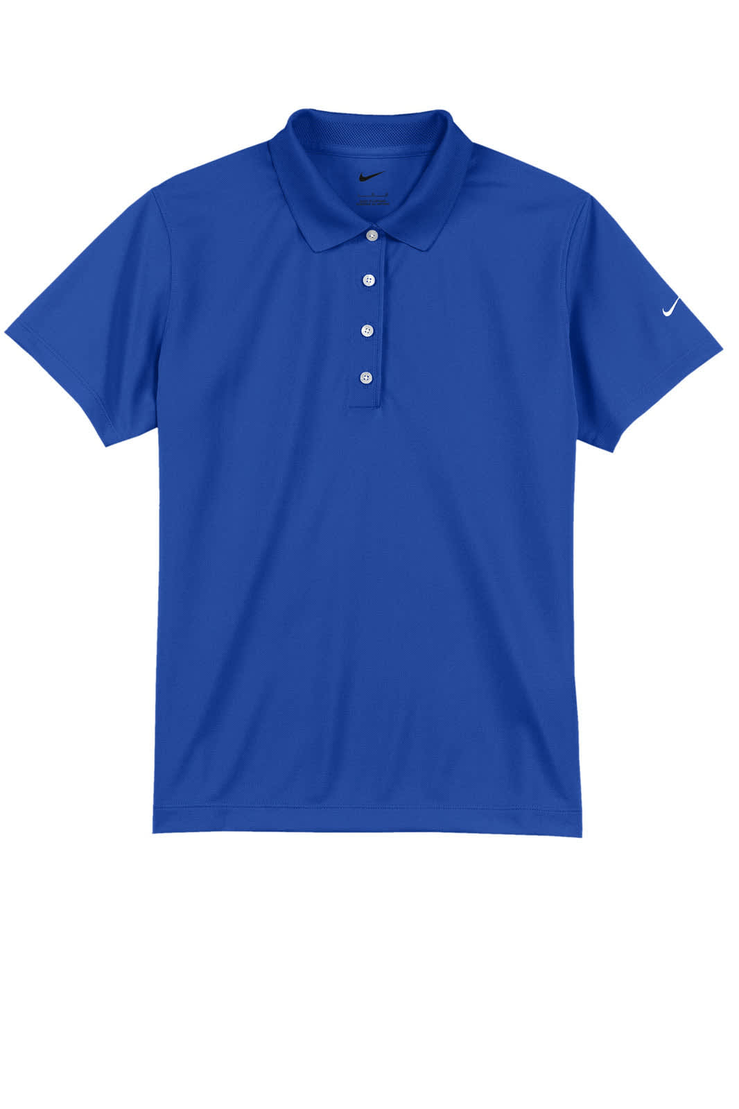A blue polo shirt with a collar and buttons. The shirt features a logo on the sleeve.