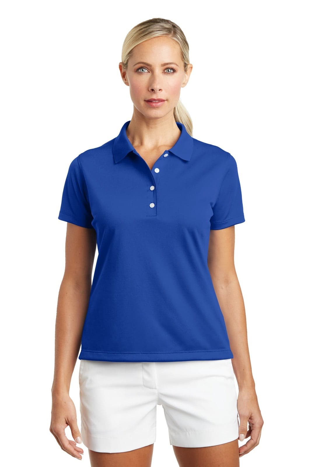 A blue polo shirt with a collar and button placket, designed for women, featuring logo branding.
