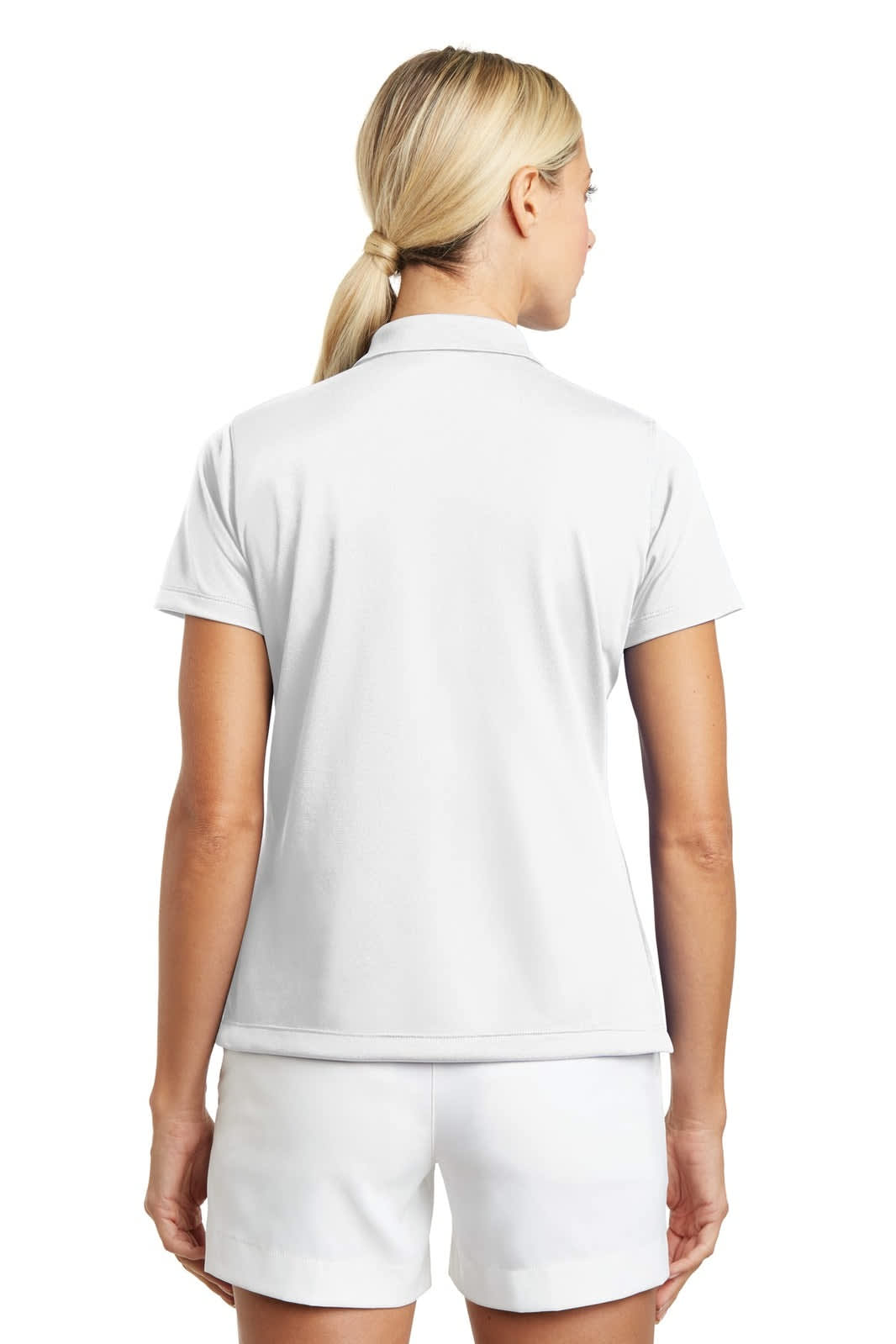 A white ladies' polo shirt featuring a collar and short sleeves, with a logo on the back.