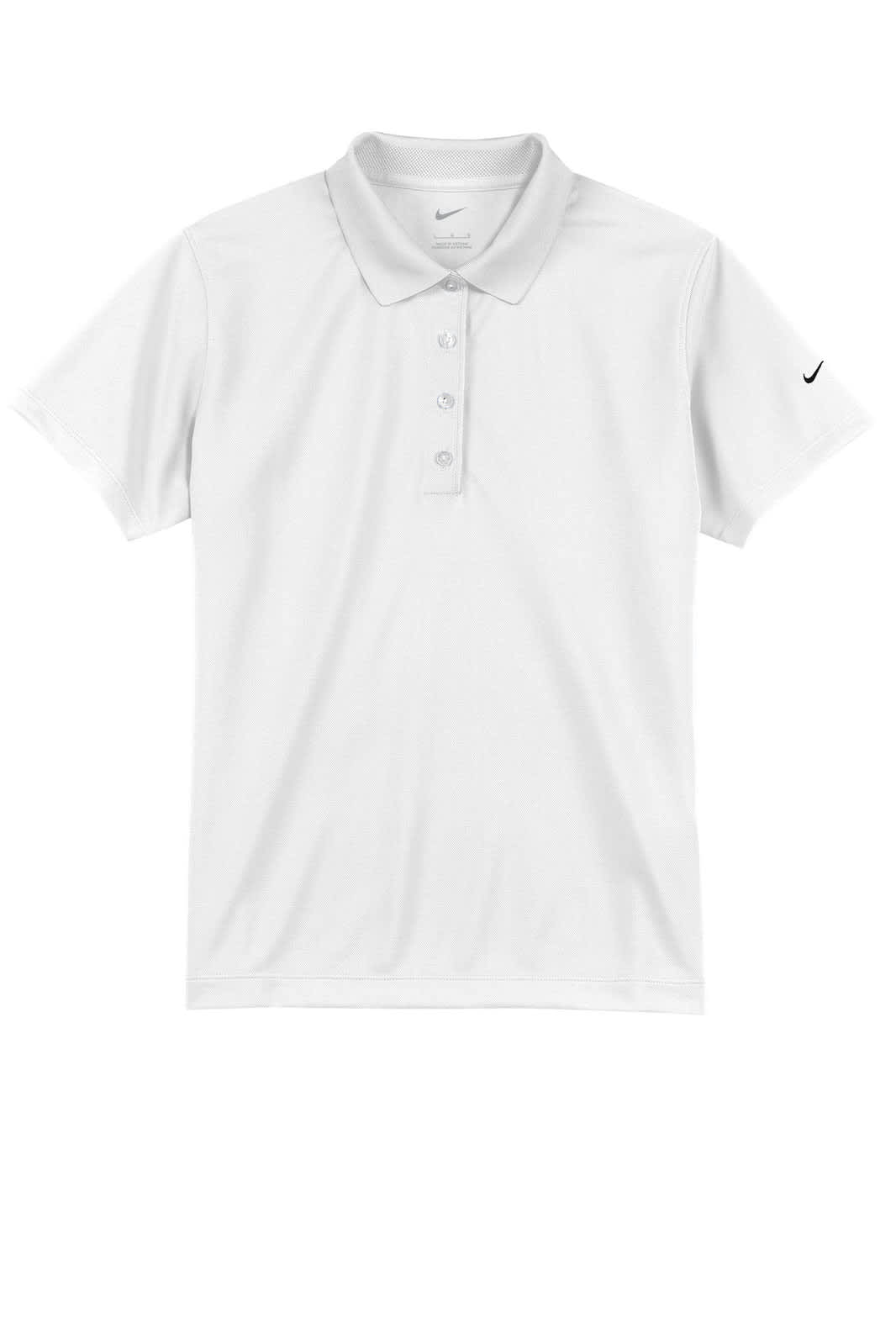 A white polo shirt with a collar, featuring buttons and a brand logo on the sleeve.