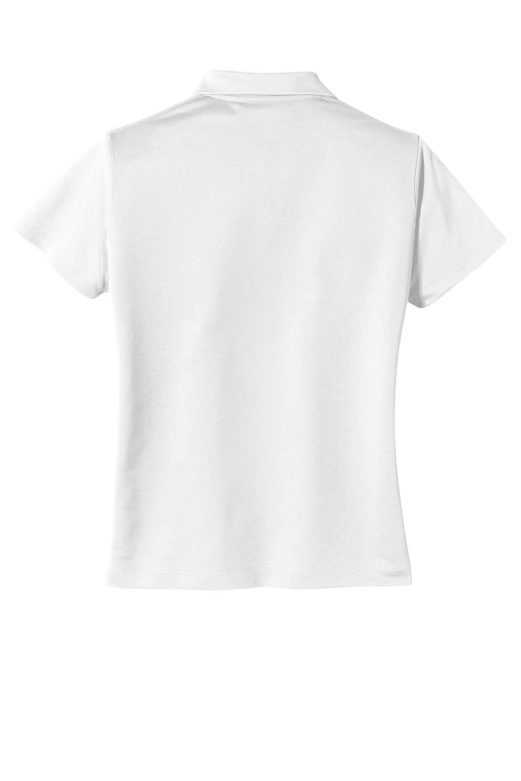 A white polo shirt with a classic collar and short sleeves, featuring a logo on the back.