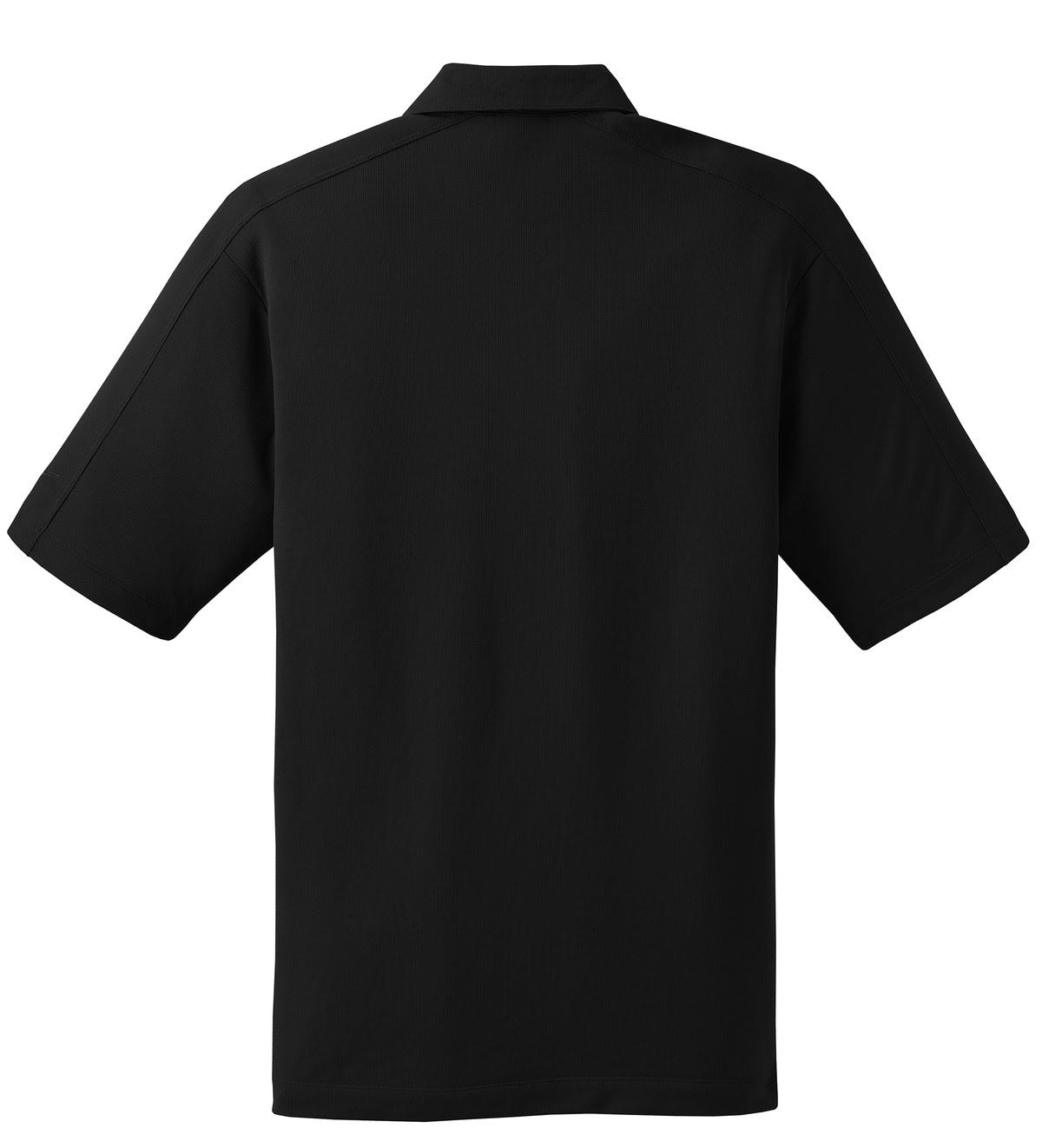 A black polo shirt featuring short sleeves and a collar, designed for sports use. It has a small logo.