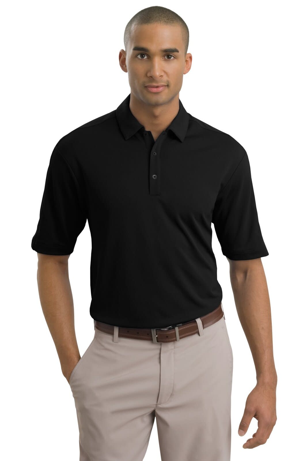 A black Nike Tech Sport Dri-FIT polo shirt on a model, featuring a collar and short sleeves.