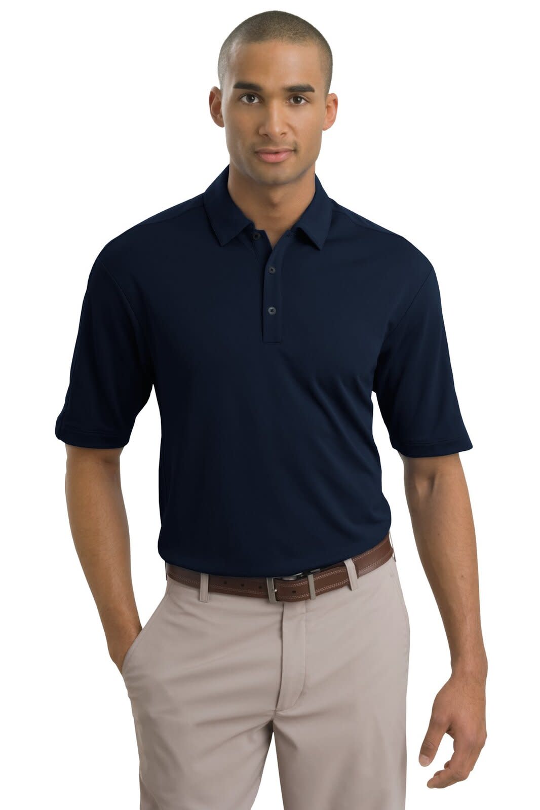 A navy Nike Tech Sport Dri-FIT polo shirt with a collar and short sleeves, featuring a branding logo.