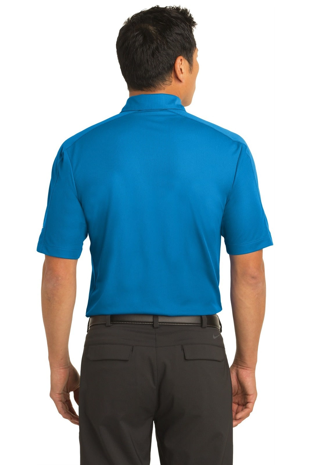 A blue Nike Tech Sport Dri-FIT polo shirt featuring short sleeves and a classic collar, with a logo displayed.