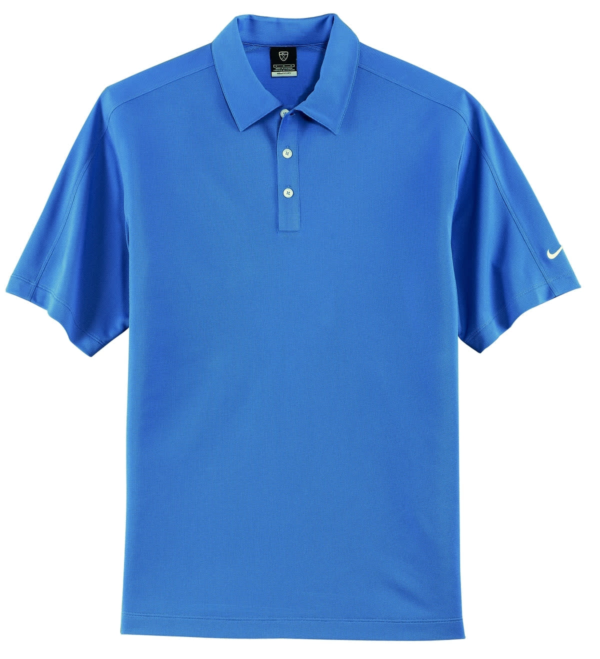 A blue Nike Dri-FIT polo shirt with a collar and buttons, featuring a logo.