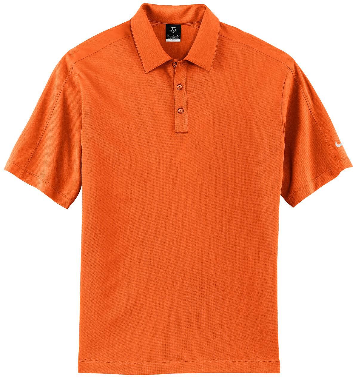 An orange Nike Tech Sport Dri-FIT polo shirt featuring a collar and buttons, with a logo on one sleeve.