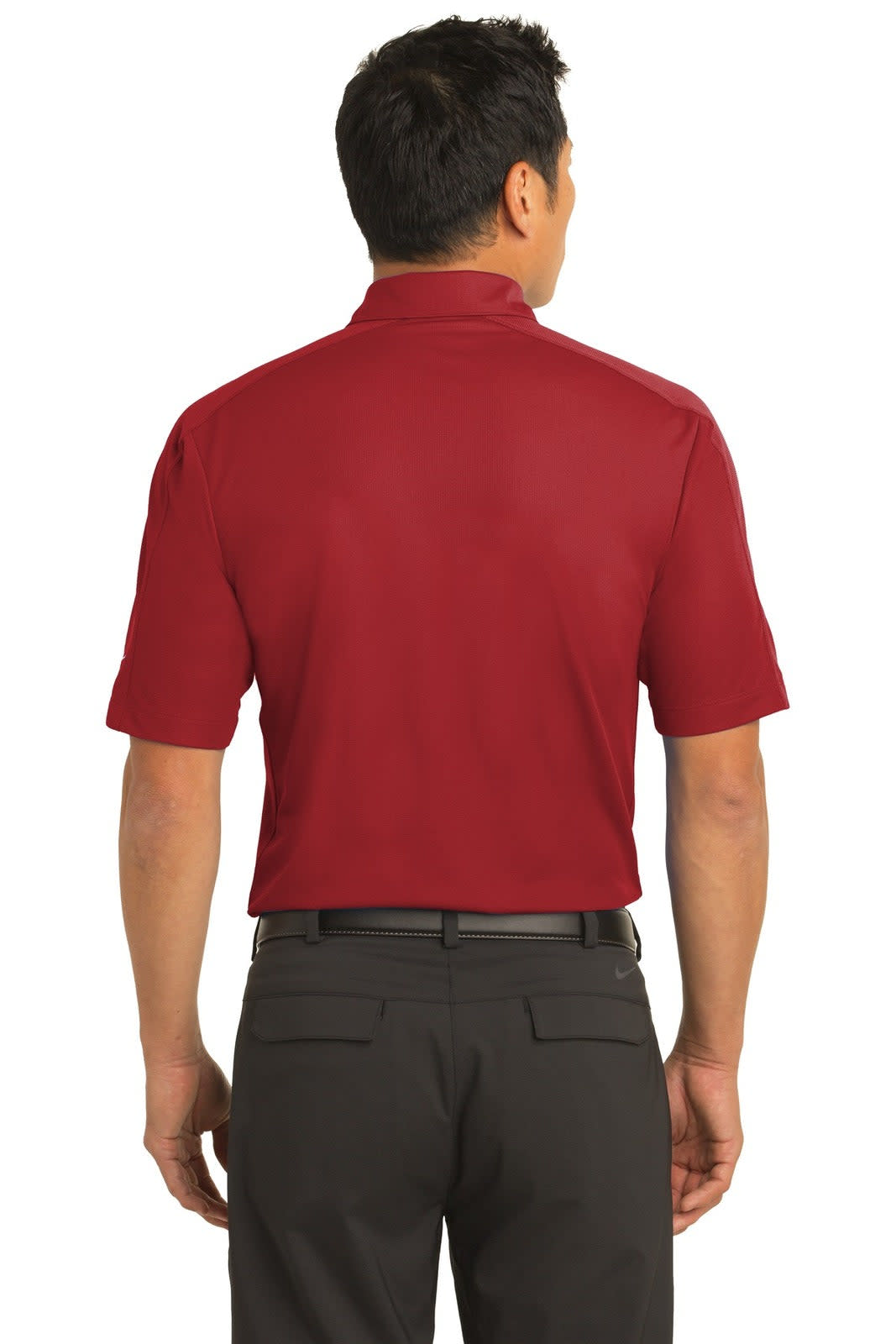 A red Nike Tech Sport Dri-FIT polo shirt, viewed from the back, featuring a short sleeve design and a collar.