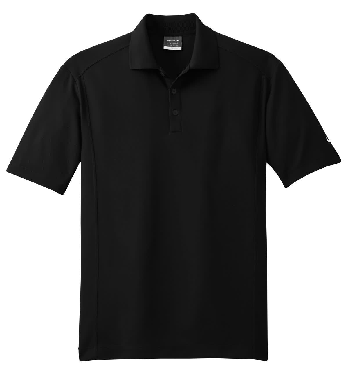 A black polo shirt with short sleeves and a collar, featuring a logo on one side.