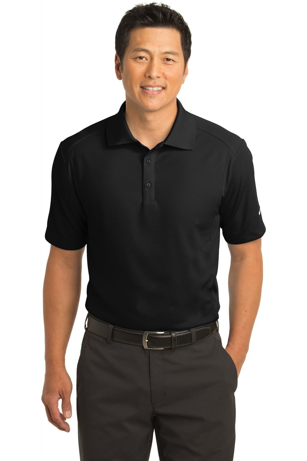A black Nike Dri-FIT Classic Polo shirt, featuring a collar and a logo, displayed on a male model.
