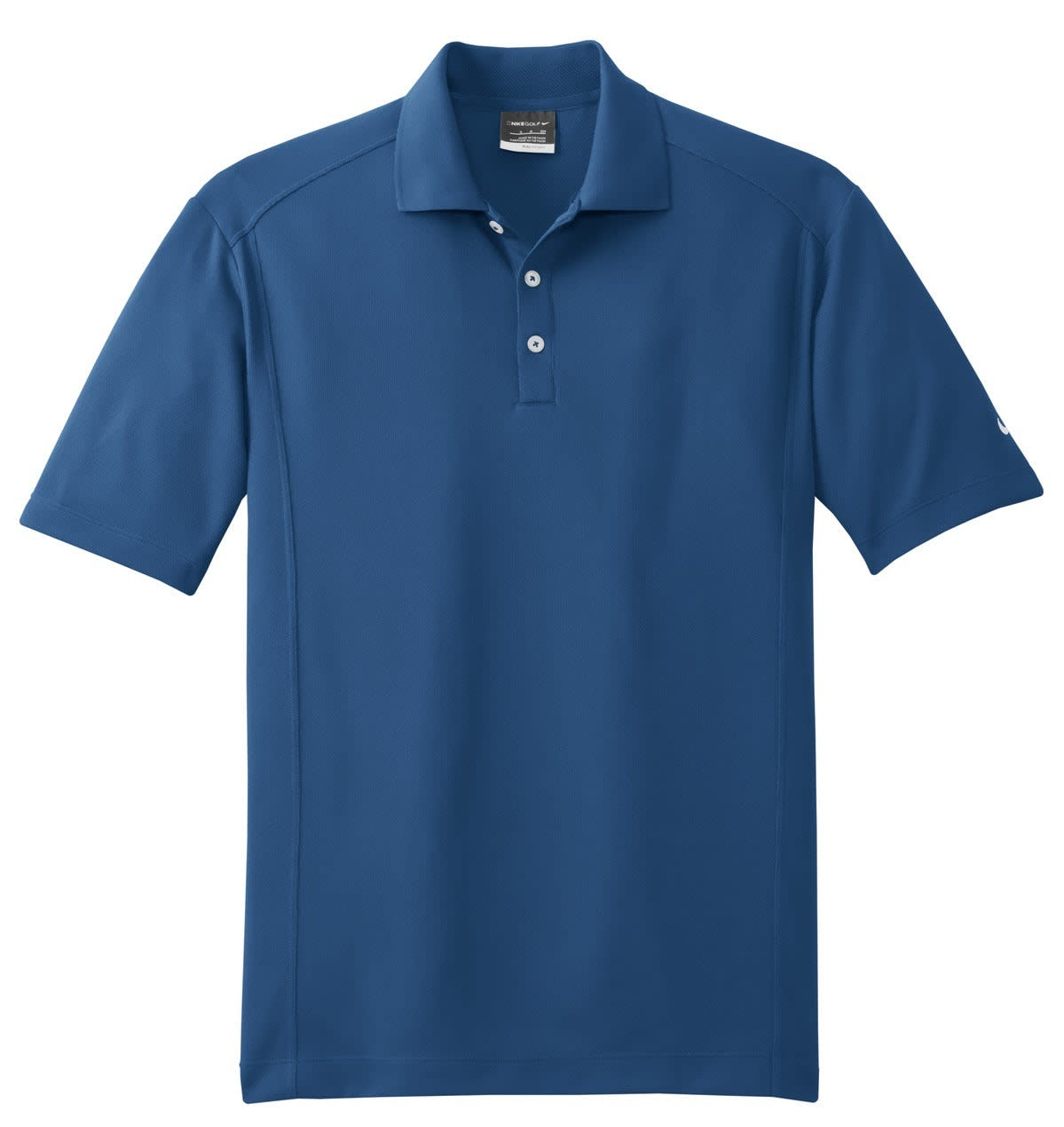 A blue Nike Dri-FIT Classic Polo shirt featuring a collar and three buttons, with a logo on the sleeve.