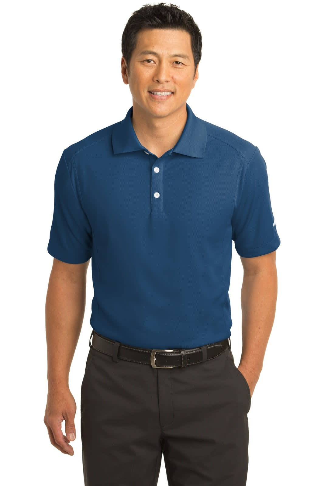 A blue Nike Dri-FIT Classic Polo shirt displayed on a model, featuring a collar and a logo.