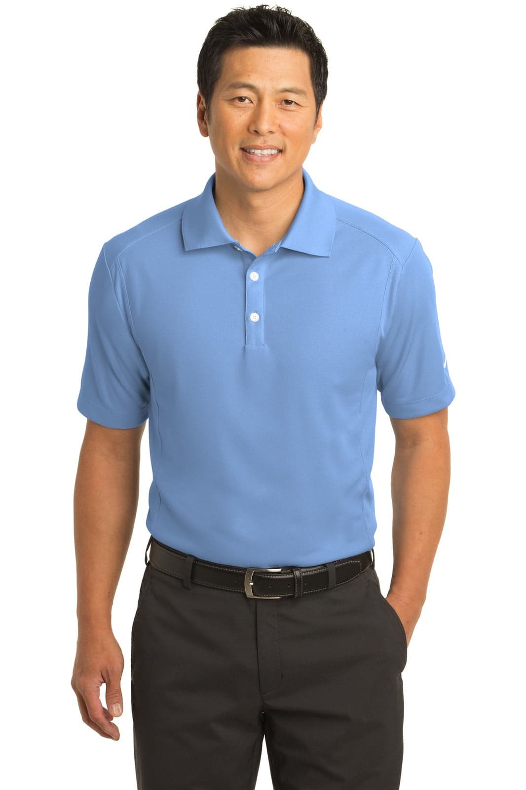 A blue Nike Dri-FIT Classic Polo shirt displayed on a man, featuring a collar and short sleeves. The shirt has a logo.