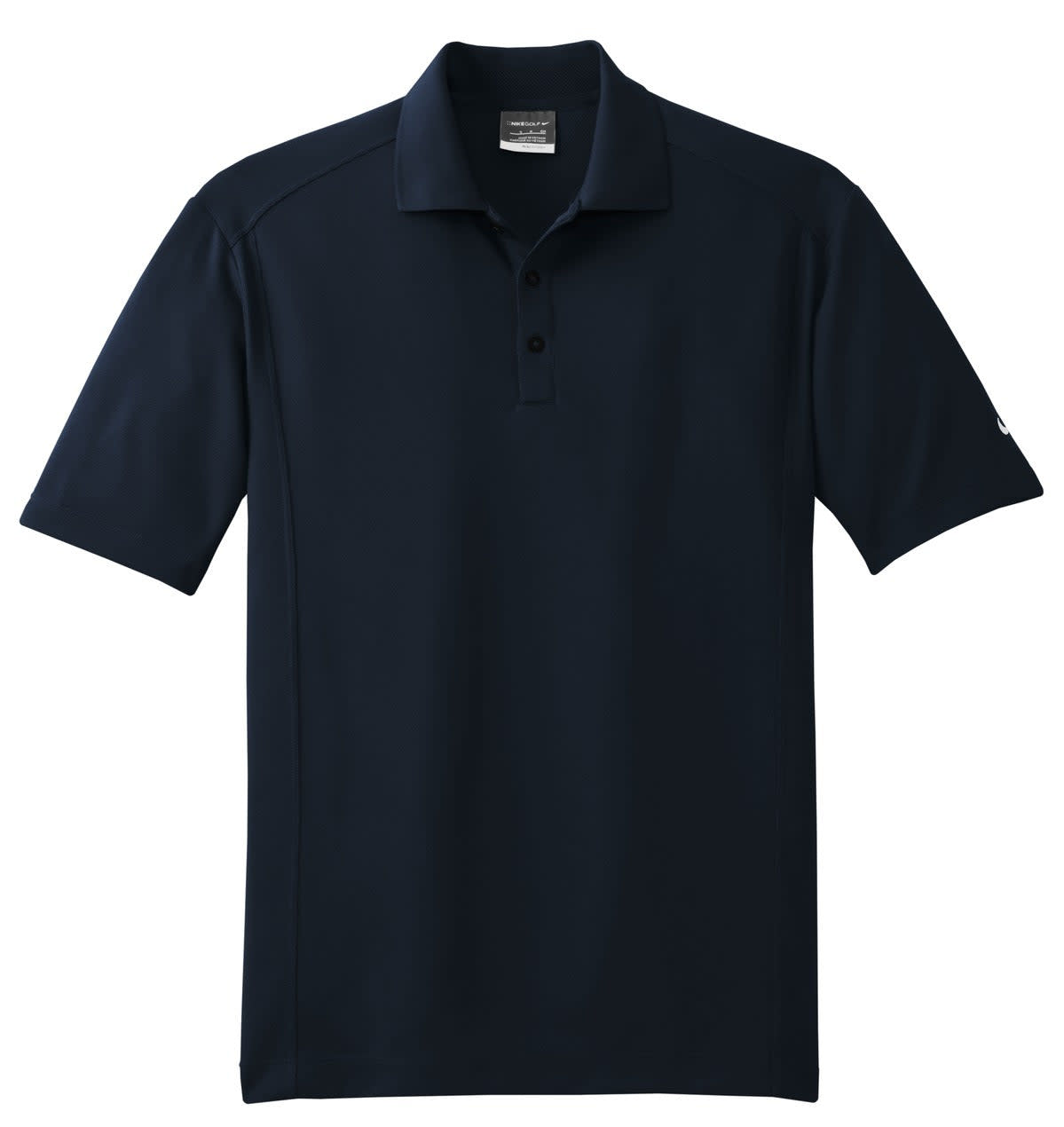 A navy blue polo shirt with a collar and three buttons. It features a logo on the sleeve.