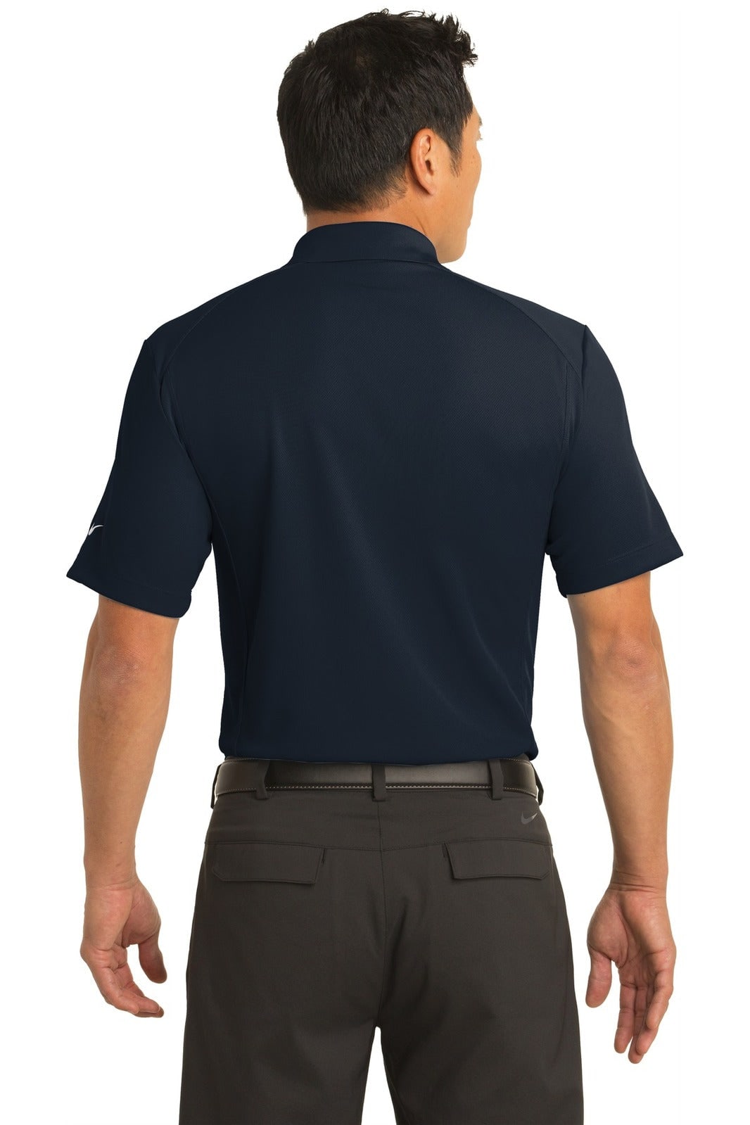 A dark navy polo shirt with short sleeves, featuring a branded logo, displayed from the back on a model.