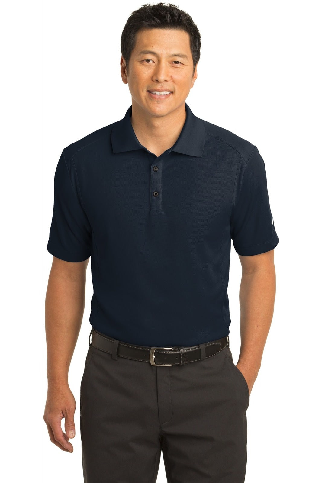 A navy polo shirt with a collar and short sleeves, featuring a logo on the sleeve.