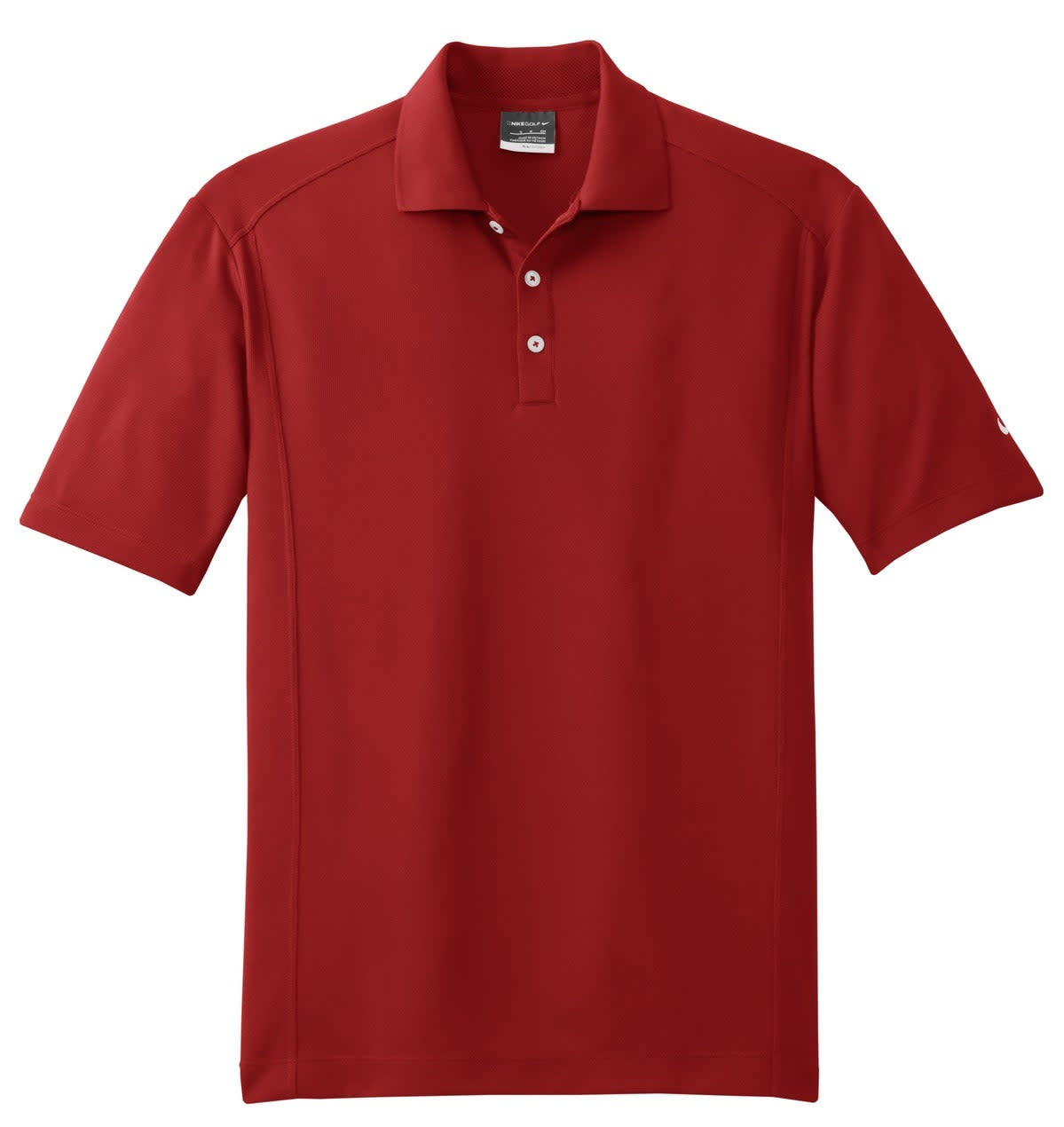 A red Nike Dri-FIT Classic Polo shirt with a collar and three buttons, featuring a logo on the sleeve.