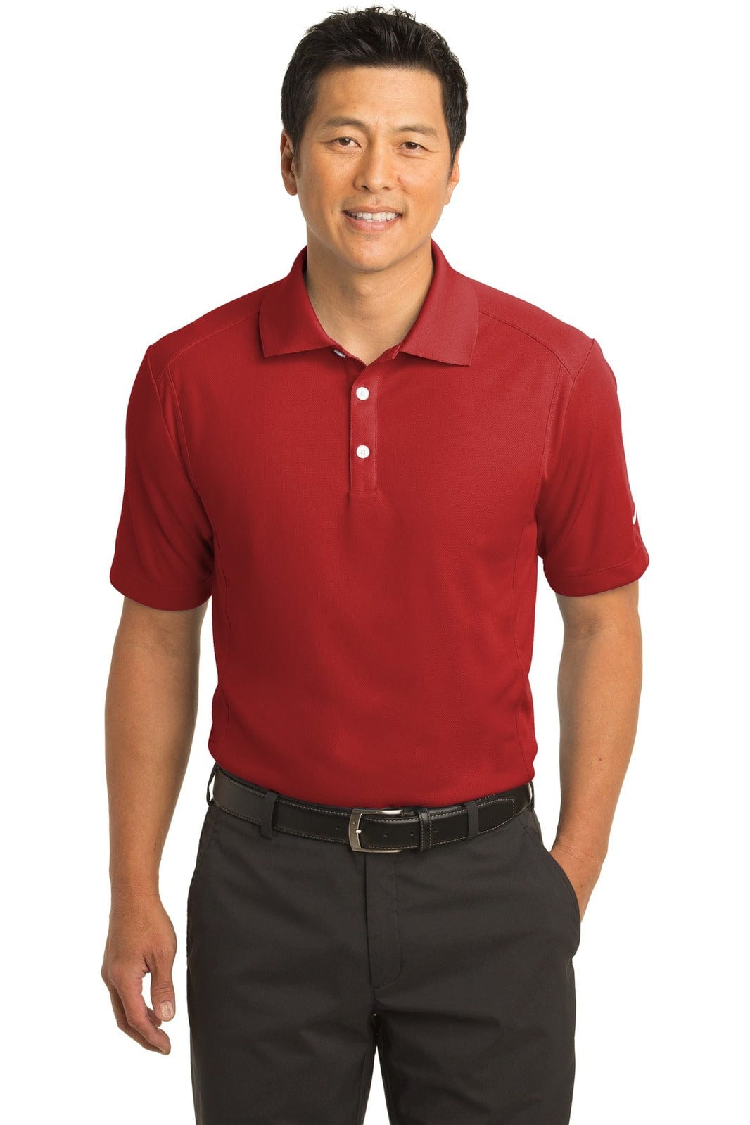 A red Nike Dri-FIT Classic Polo shirt worn by a man, featuring a collar and a brand logo.