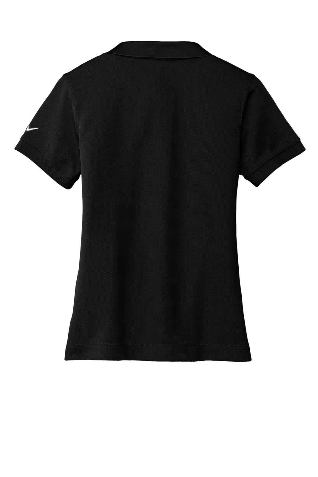 A black Nike ladies' Dri-FIT classic polo shirt featuring a short collar and a logo on the sleeve.