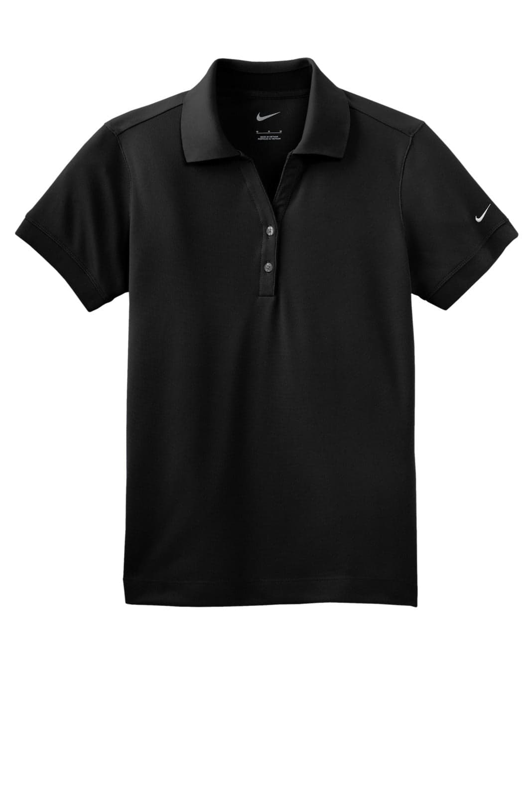 A black polo shirt with a collar, featuring a logo on the sleeve and a button placket.