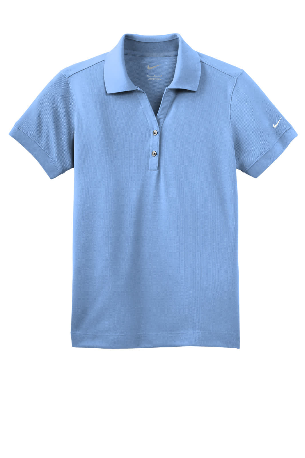 A light blue polo shirt with a collar and buttons, featuring a logo on the sleeve.