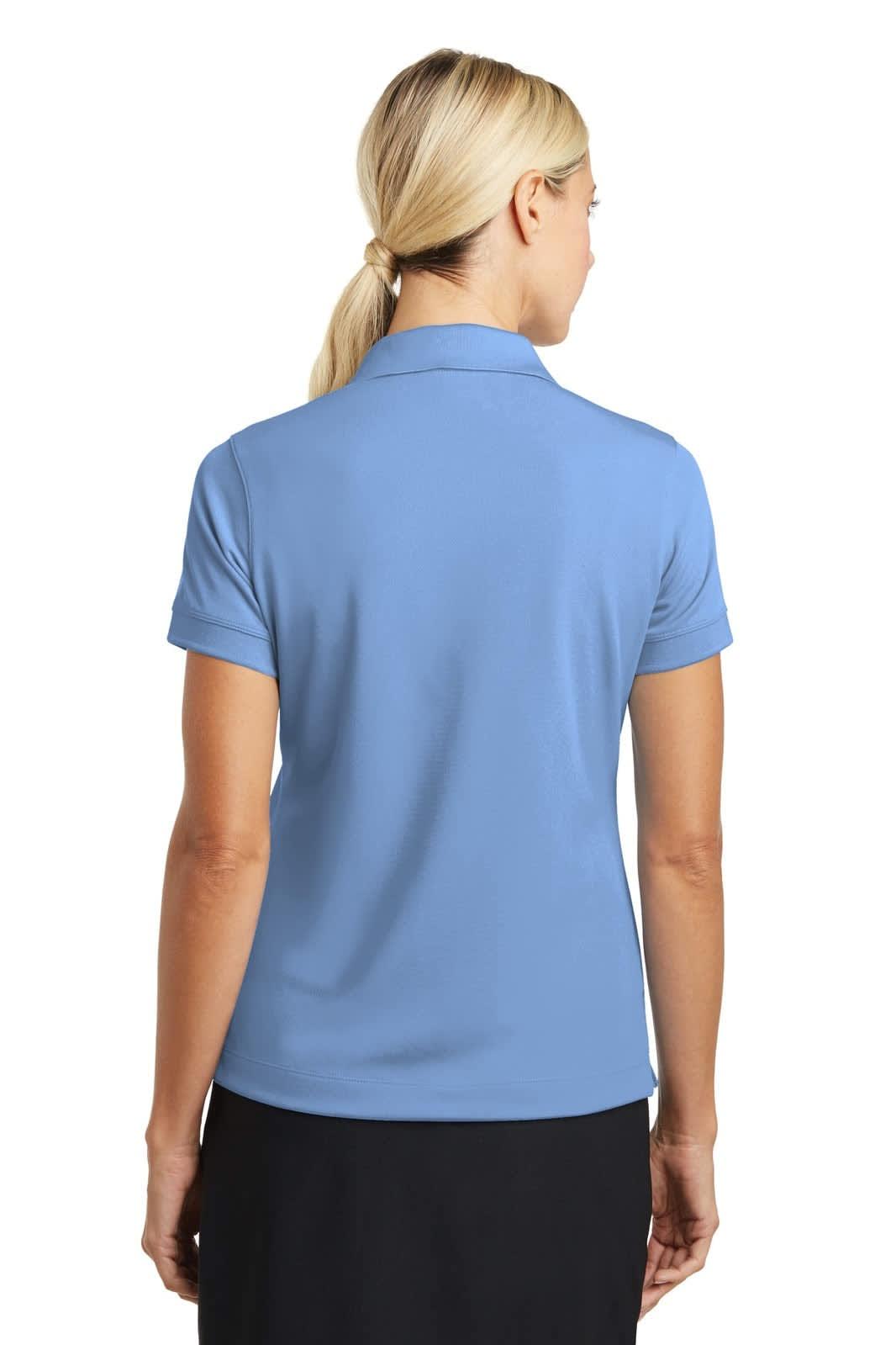 A light blue Nike ladies Dri-FIT classic polo shirt displayed from the back, featuring a collar and short sleeves.