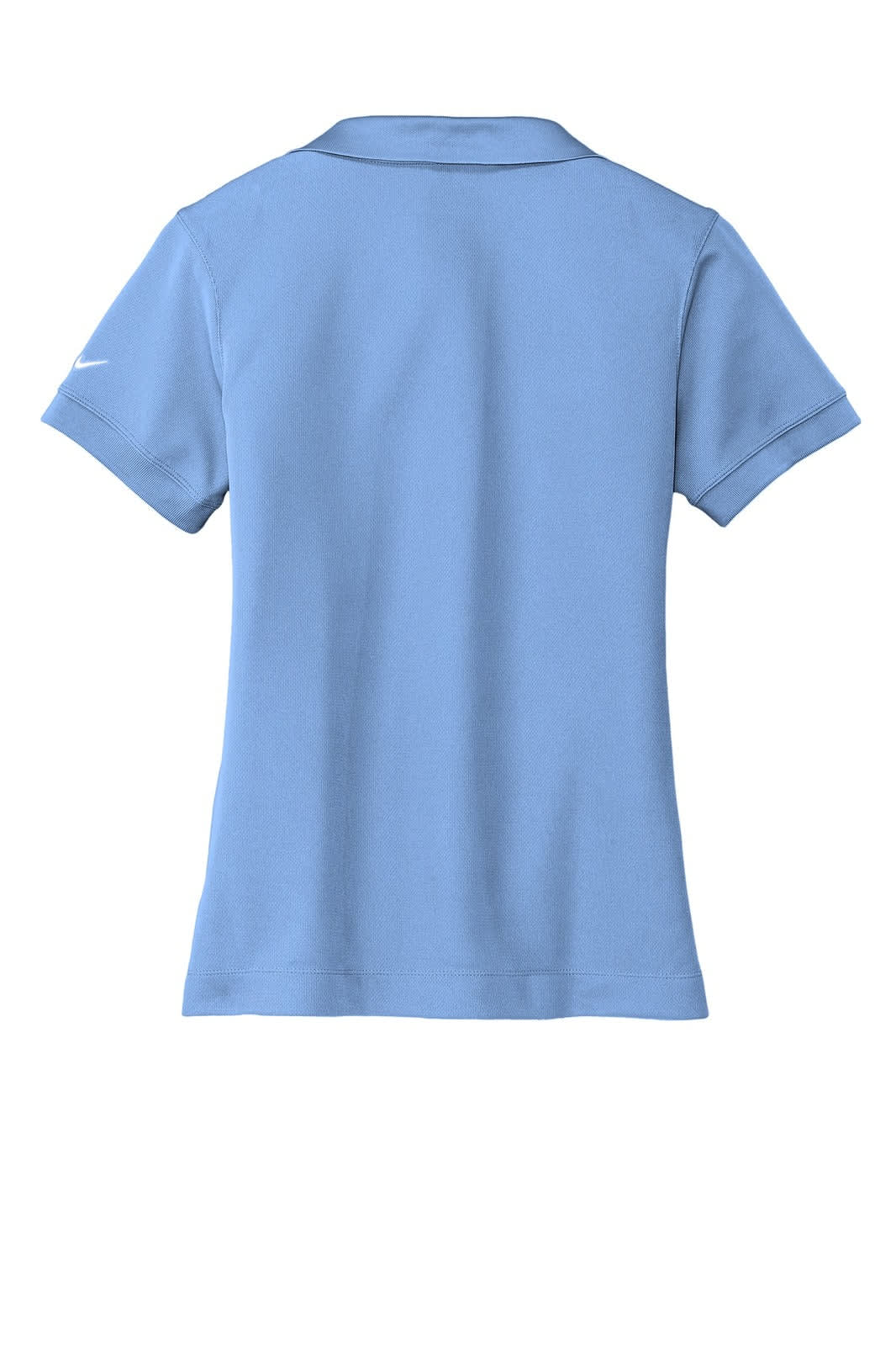 A blue Nike ladies Dri-FIT classic polo shirt featuring a logo. Back view with a classic polo design.