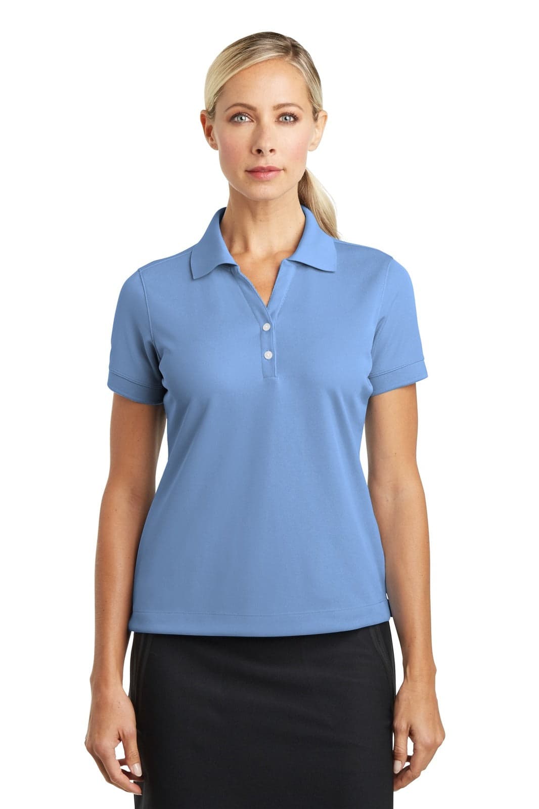 A light blue ladies' polo shirt with a collar and buttons, featuring a logo. Suitable for casual wear.