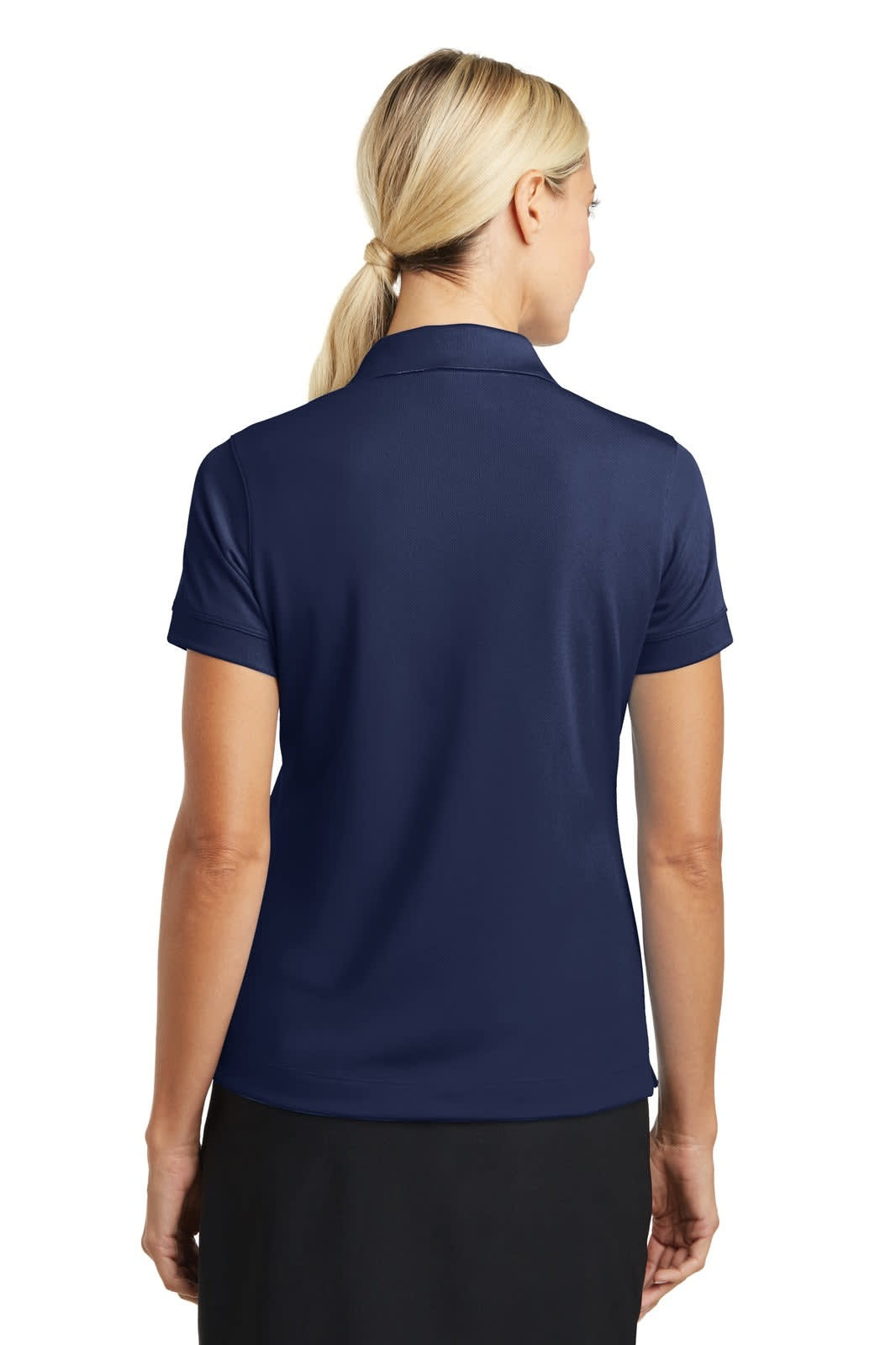 A navy blue ladies' polo shirt with a collar and short sleeves, featuring a logo. The back view is shown.