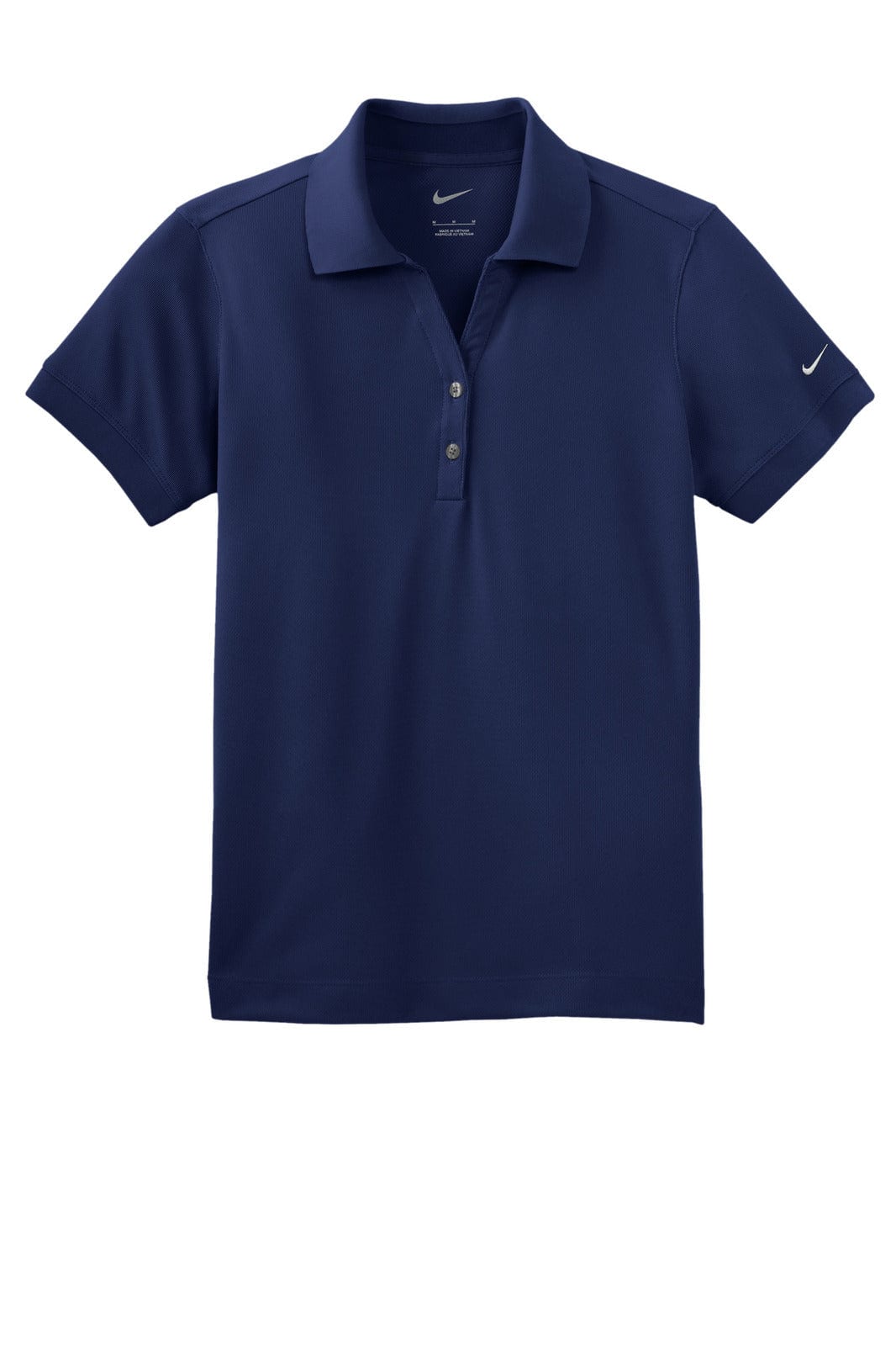 A navy blue polo shirt with a collar and a logo on the sleeve. It features a classic fit and buttons.