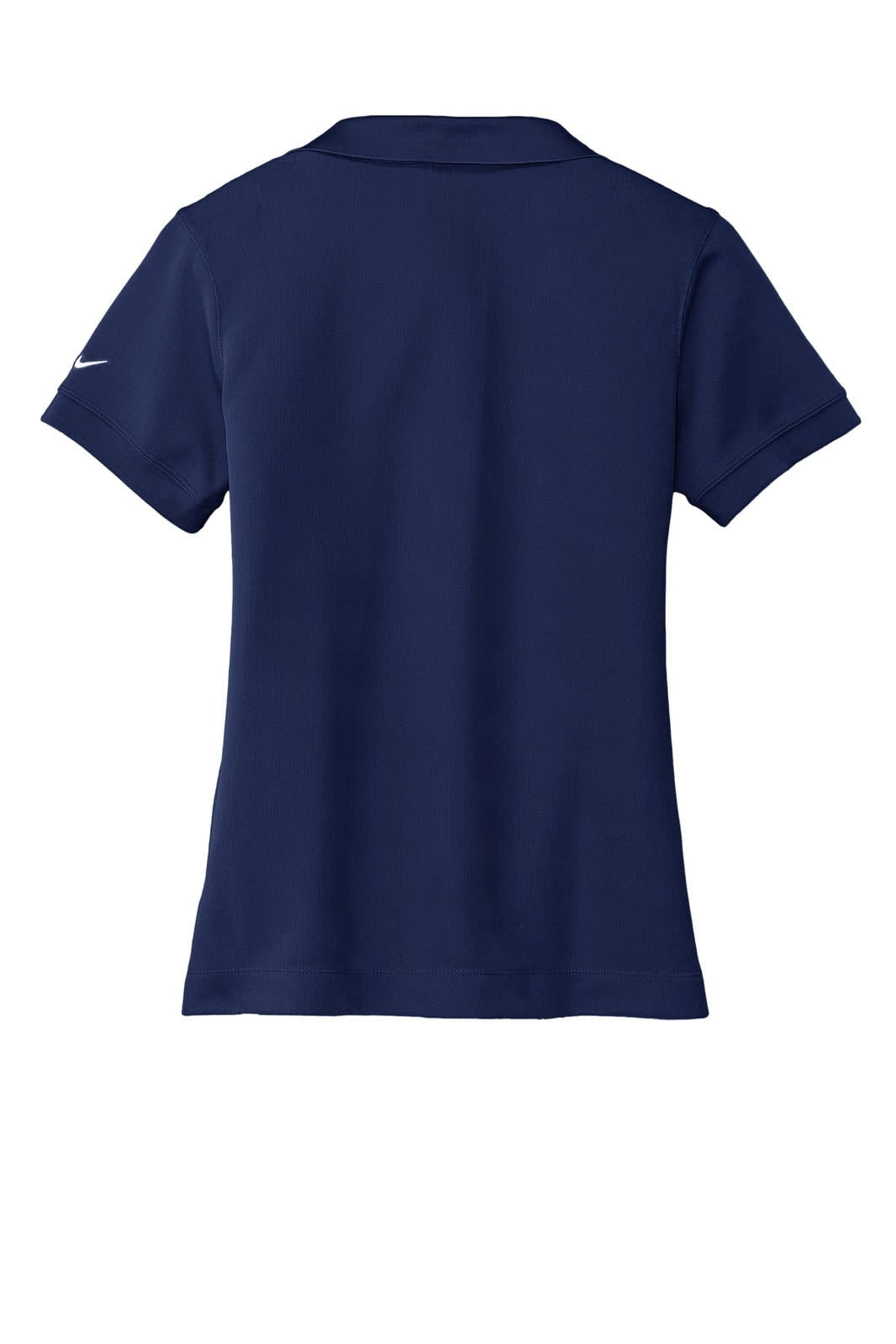 A navy blue polo shirt with a collar and short sleeves, featuring a logo on the sleeve.