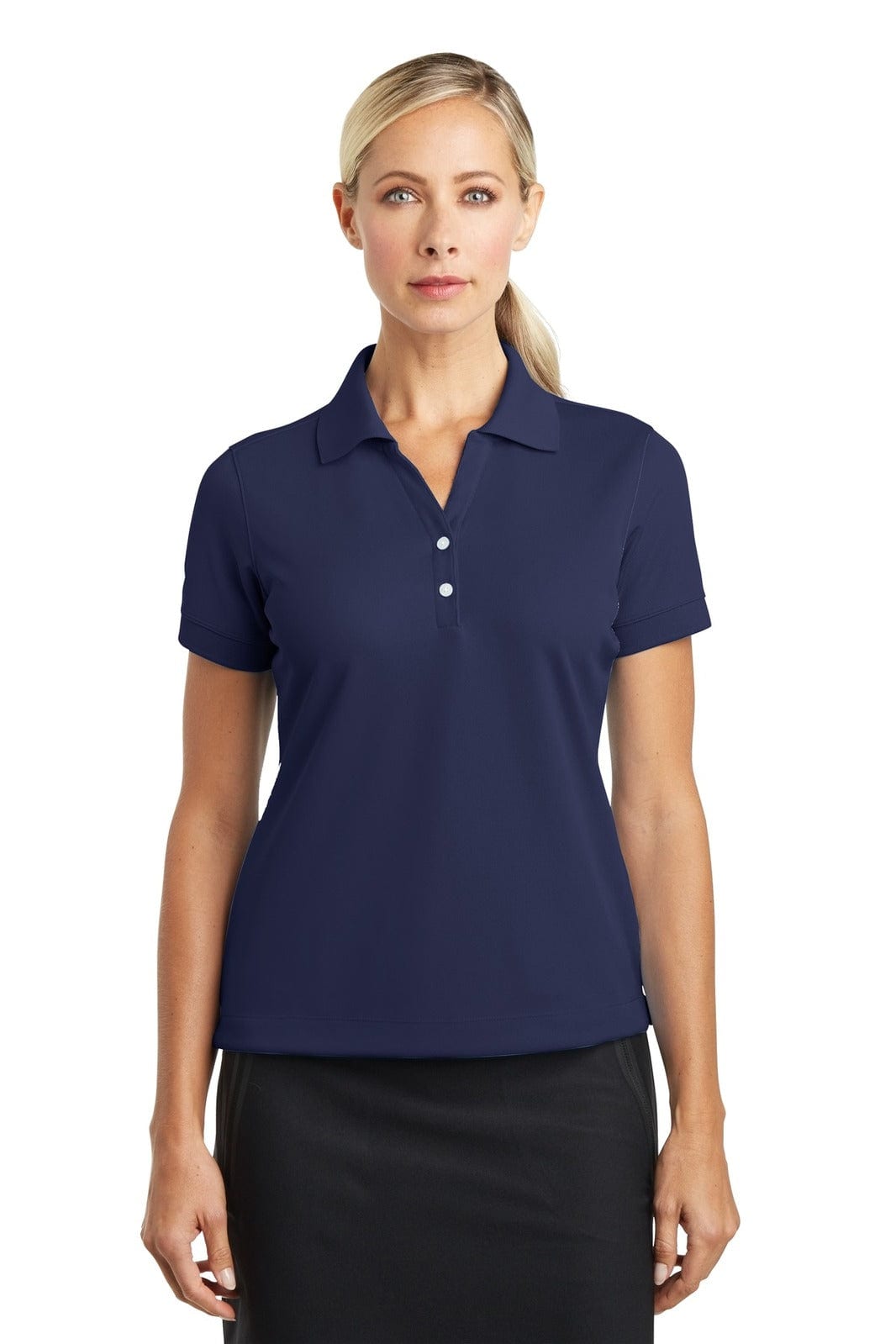 A navy blue polo shirt designed for ladies, featuring a collar and short sleeves, with a logo on it.