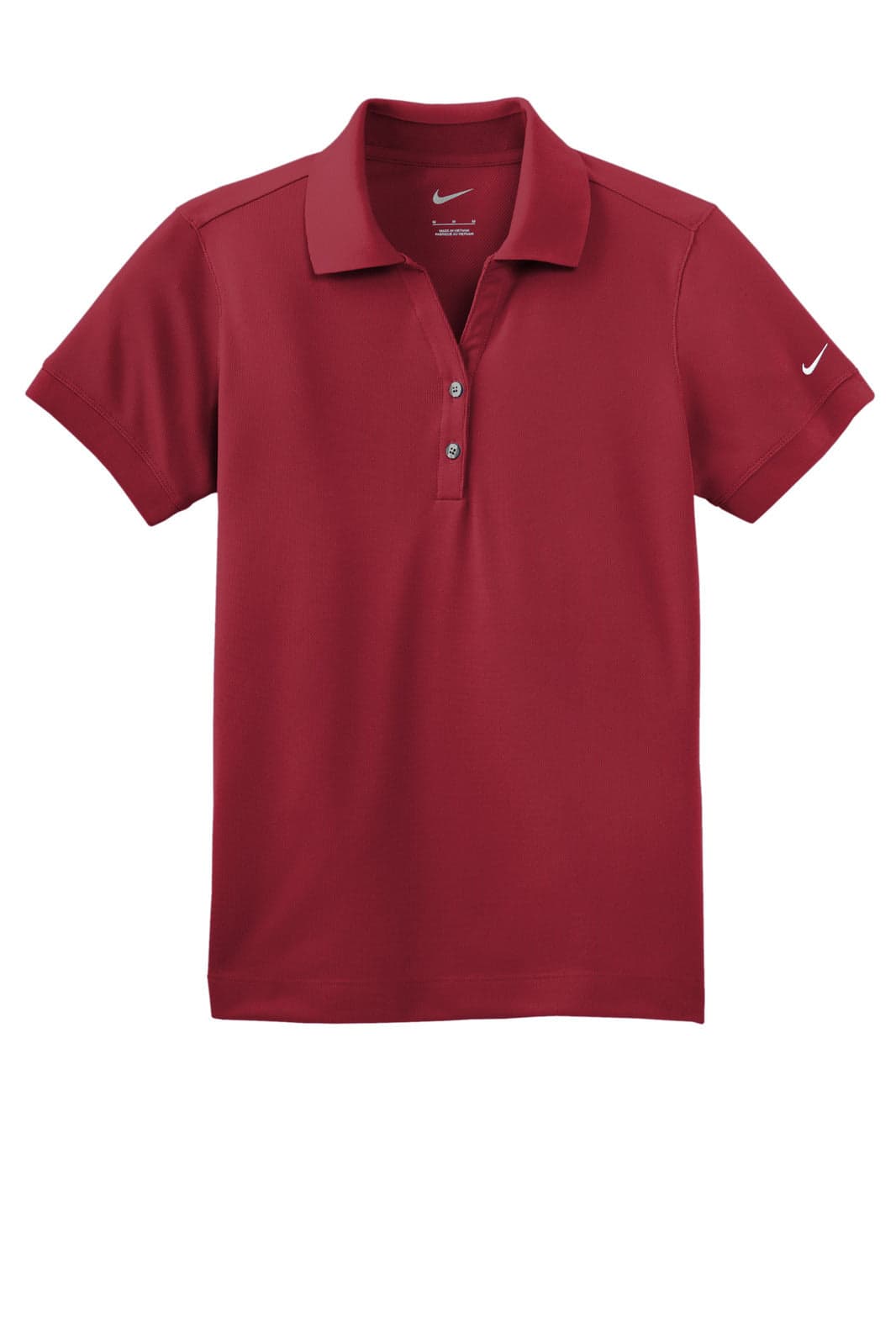 A red Nike ladies' Dri-FIT classic polo shirt with a collar and a logo on the sleeve.